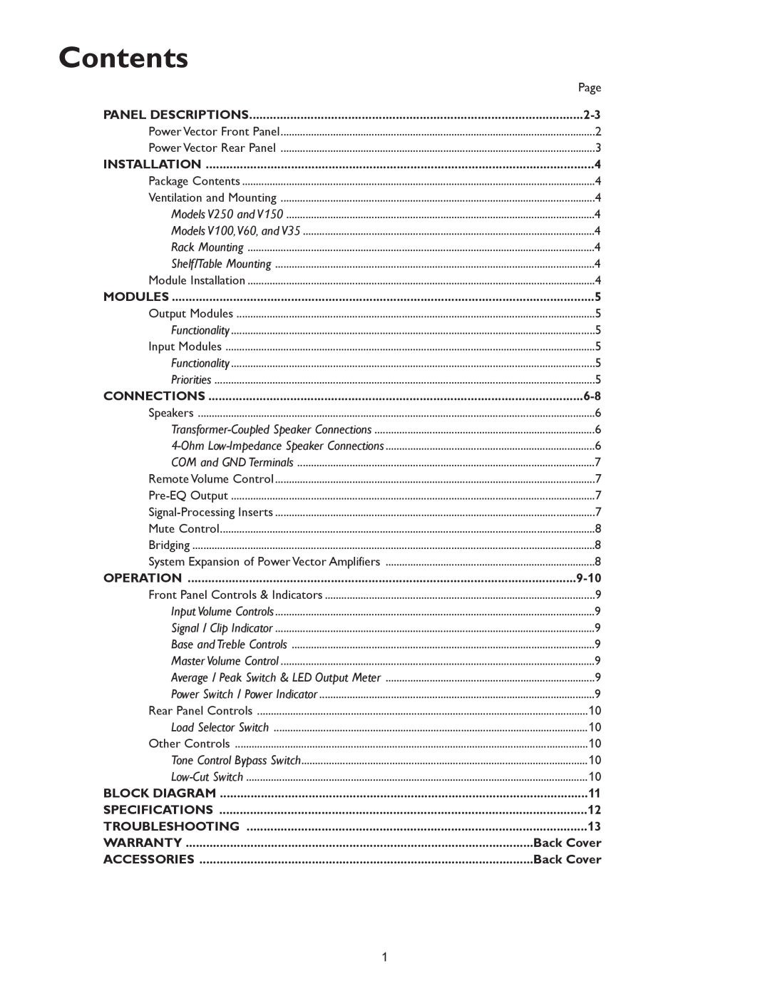Bogen & V250, V35 specifications Contents, 9-10, Back Cover 