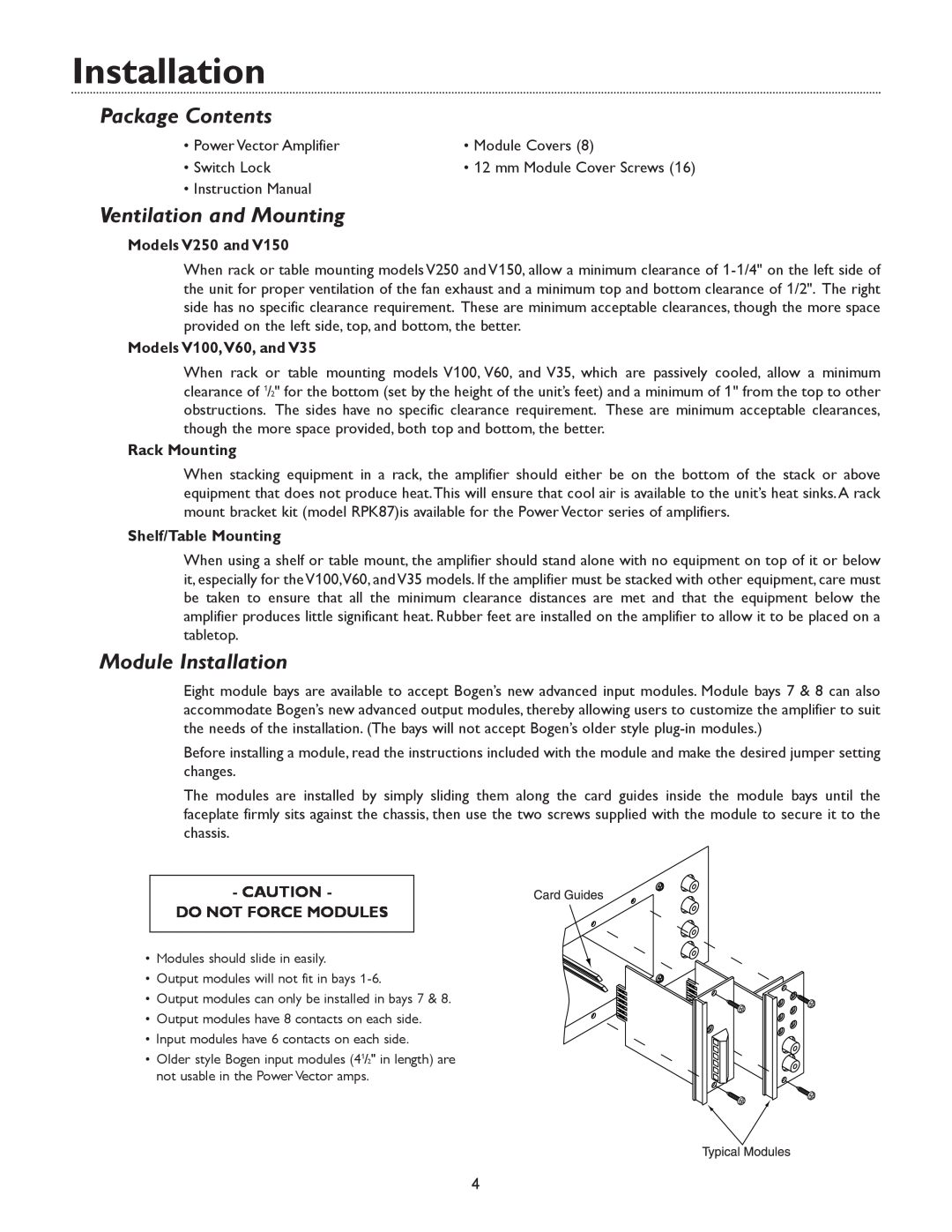 Bogen V35 Package Contents, Ventilation and Mounting, Module Installation, Models V250 and, Models V100,V60, and 