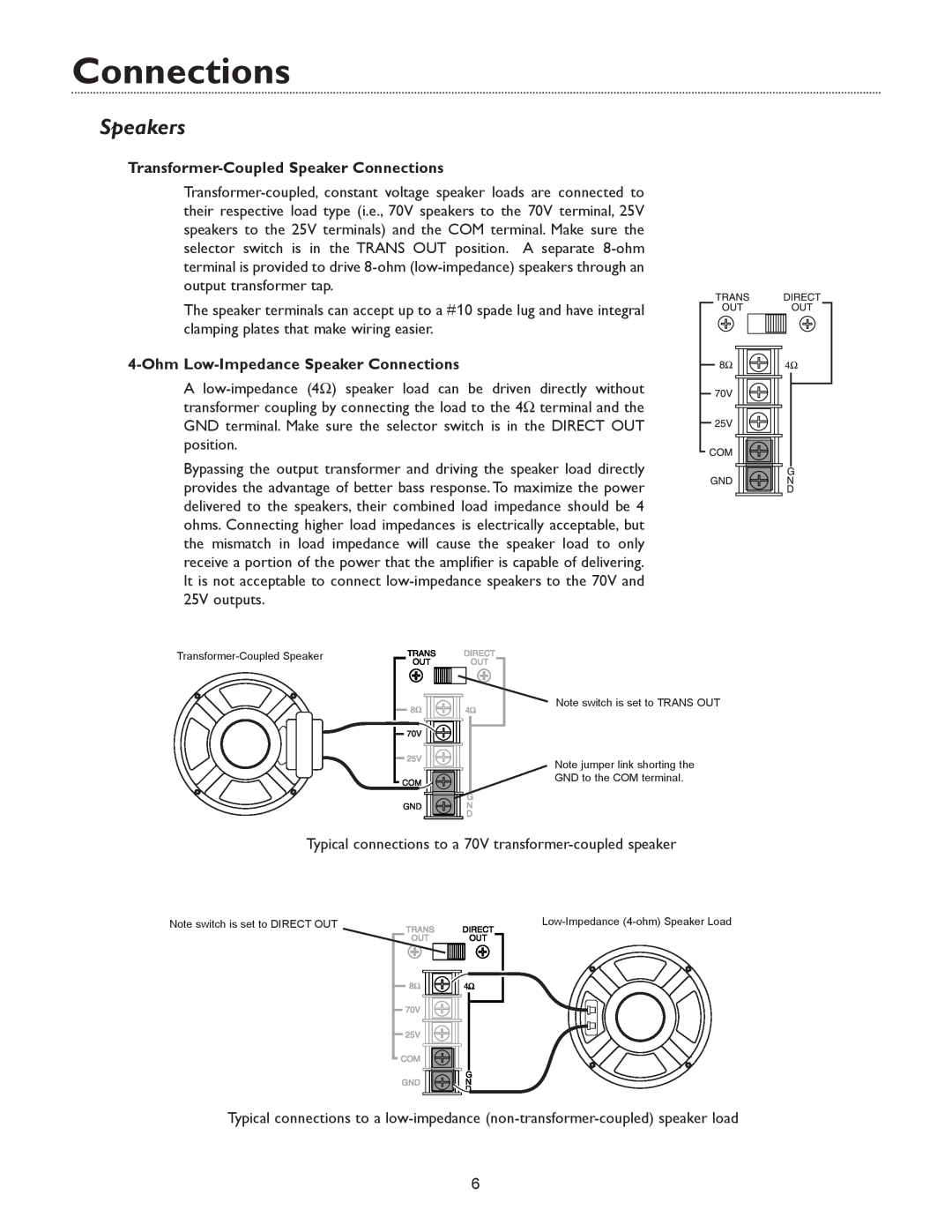 Bogen V35, & V250 specifications Speakers, Transformer-CoupledSpeaker Connections, Ohm Low-ImpedanceSpeaker Connections 