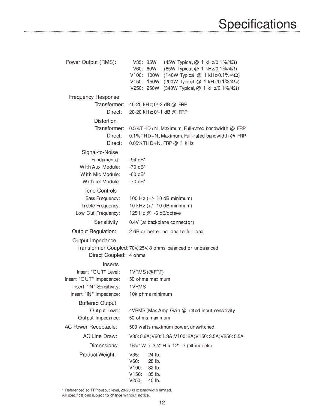 Bogen V100, V60, V150, V250 specifications Specifications 