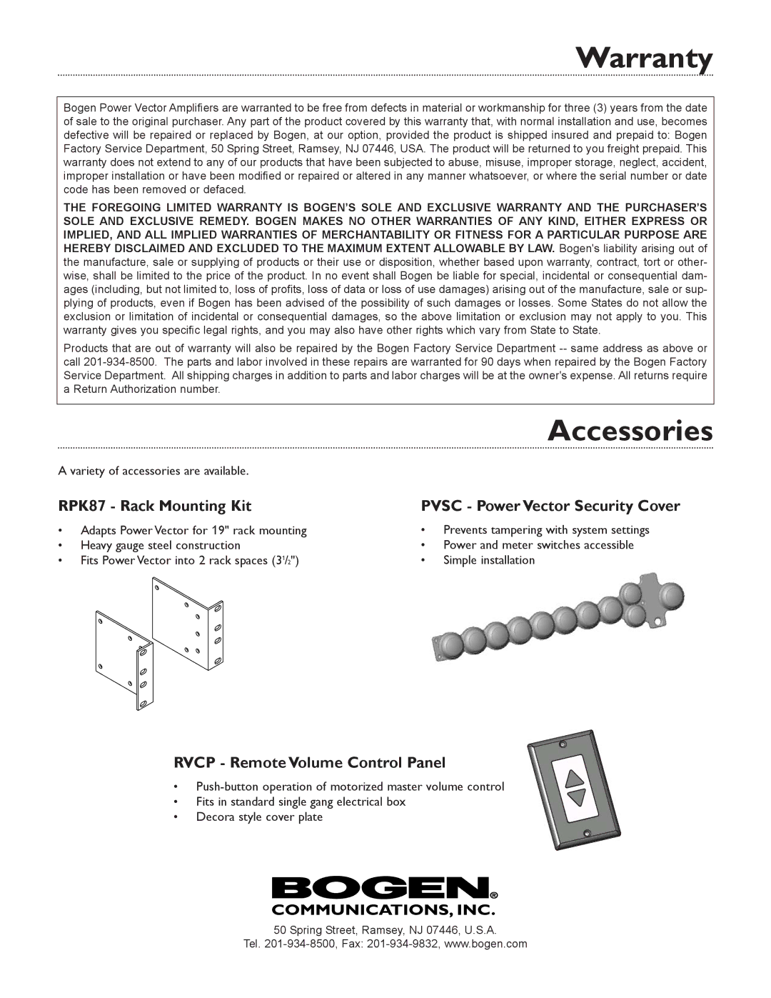 Bogen V60, V150, V100, V250 specifications Warranty, Accessories 