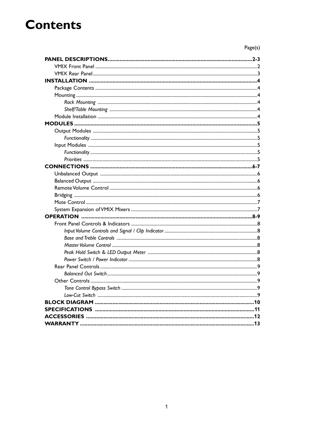 Bogen VMIX specifications Contents 