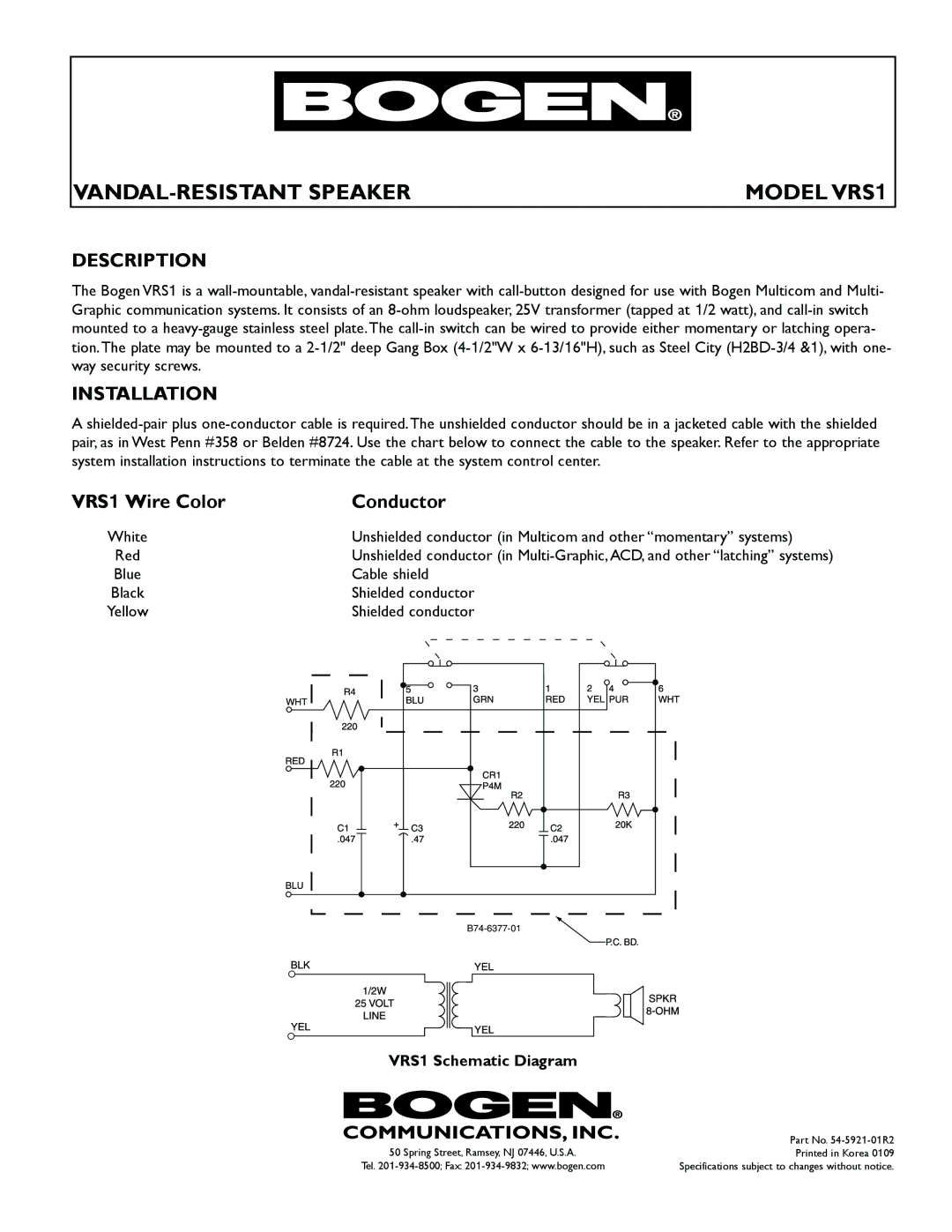 Bogen installation instructions Model VRS1, VANDAL-RESISTANT Speaker, Description, Installation 