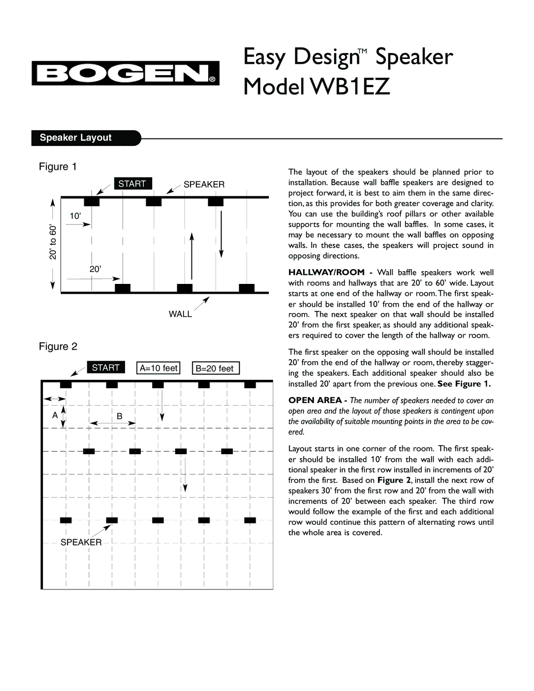 Bogen manual Easy DesignTM Speaker Model WB1EZ, Speaker Layout, Start Speaker, Wall 