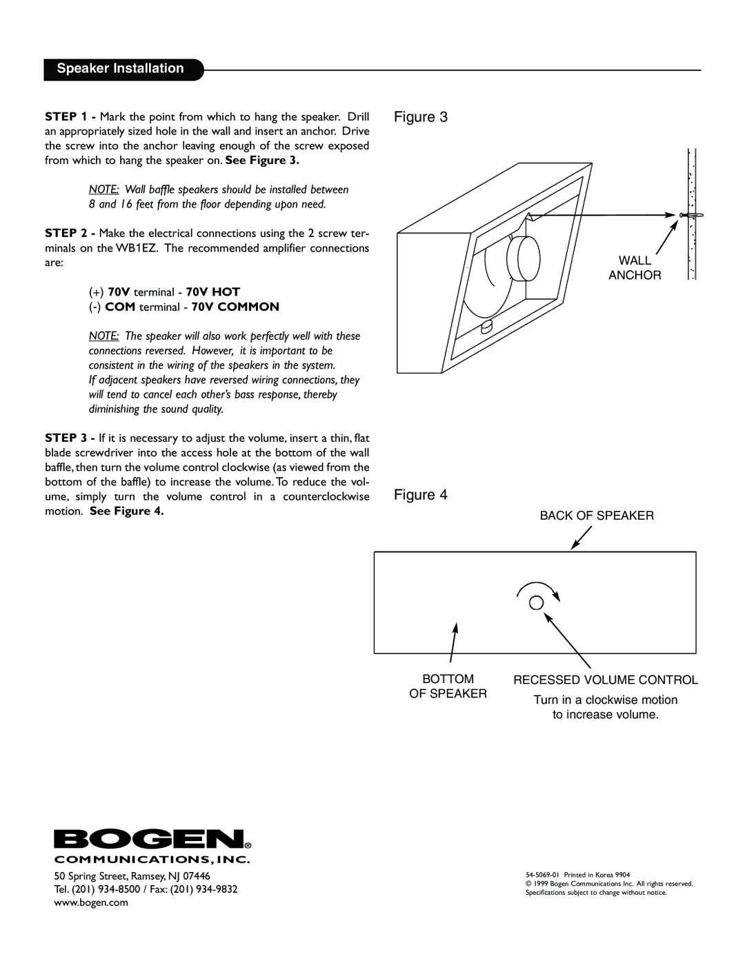 Bogen WB1EZ manual Speaker Installation, + 70V terminal 70V HOT COM terminal 70V Common, Turn in a clockwise motion 