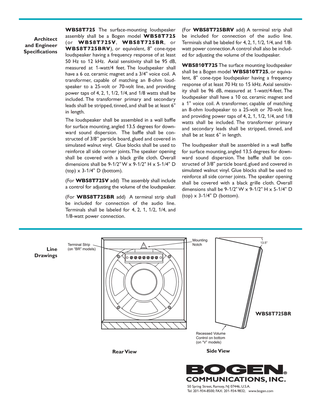 Bogen specifications Architect, Engineer Or WBS8T725V, WBS8T725BR, or, Line Drawings, Rear View, Side View 