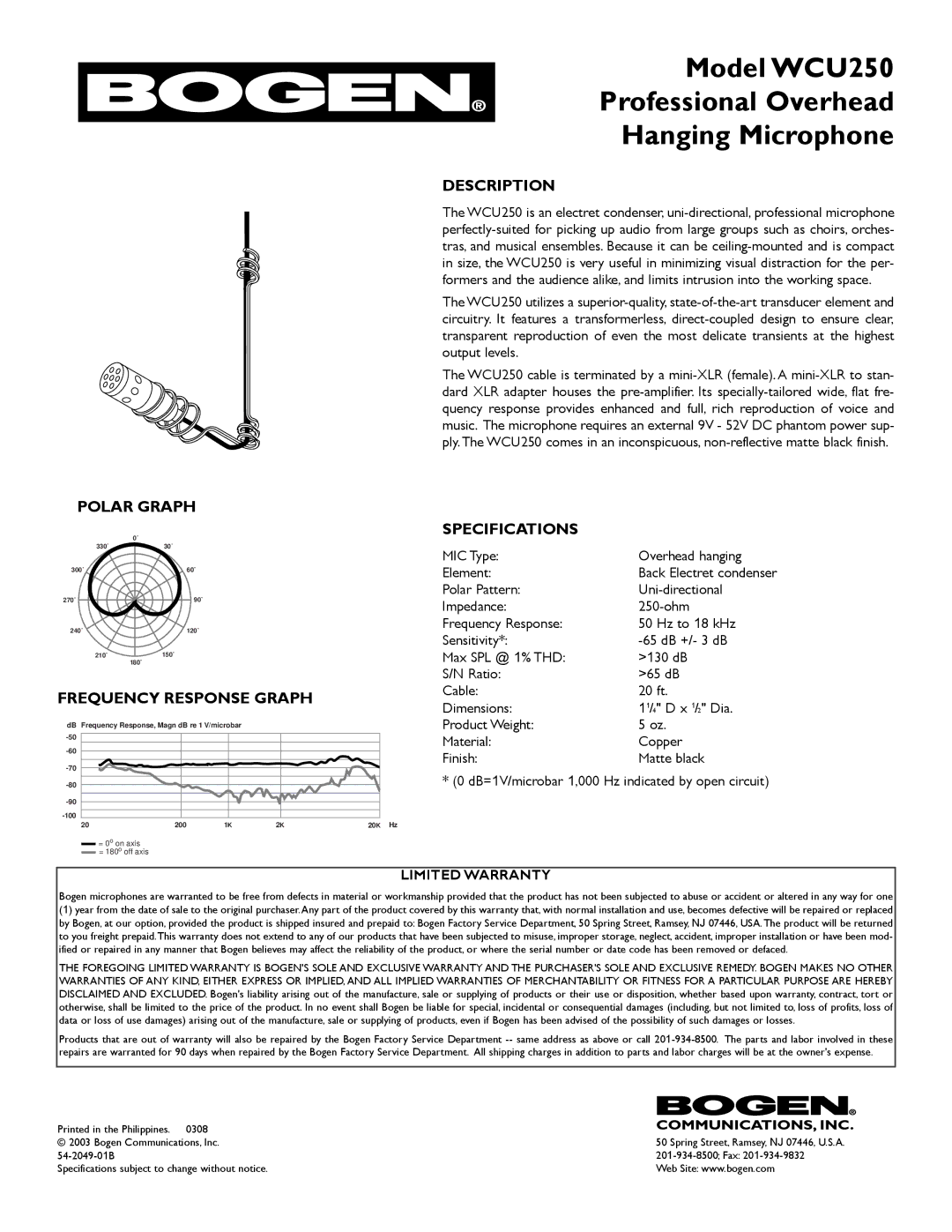 Bogen specifications Model WCU250 Professional Overhead Hanging Microphone, Description Polar Graph, Specifications 