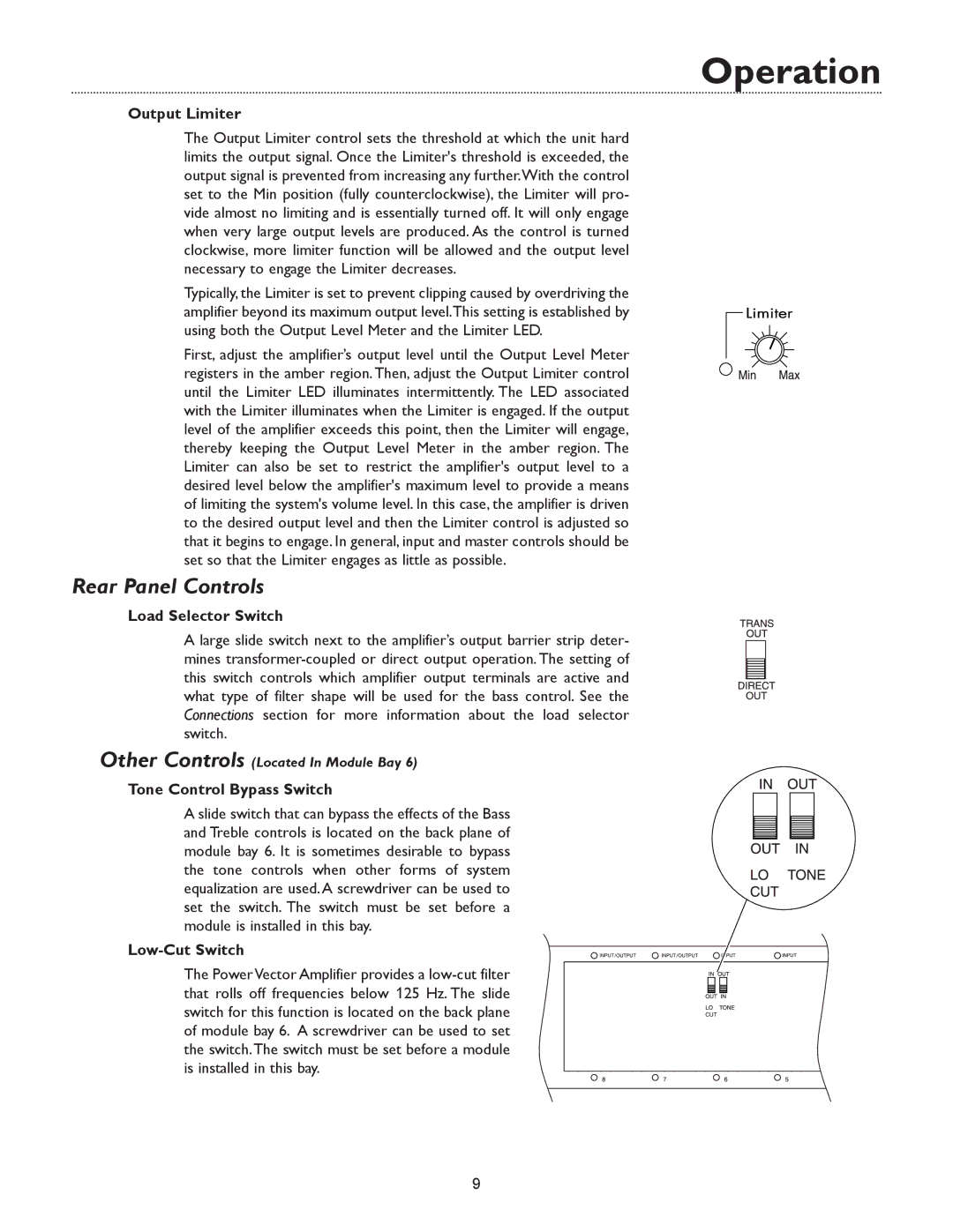 Bogen & WV250, WV100 specifications Rear Panel Controls, Output Limiter, Load Selector Switch 