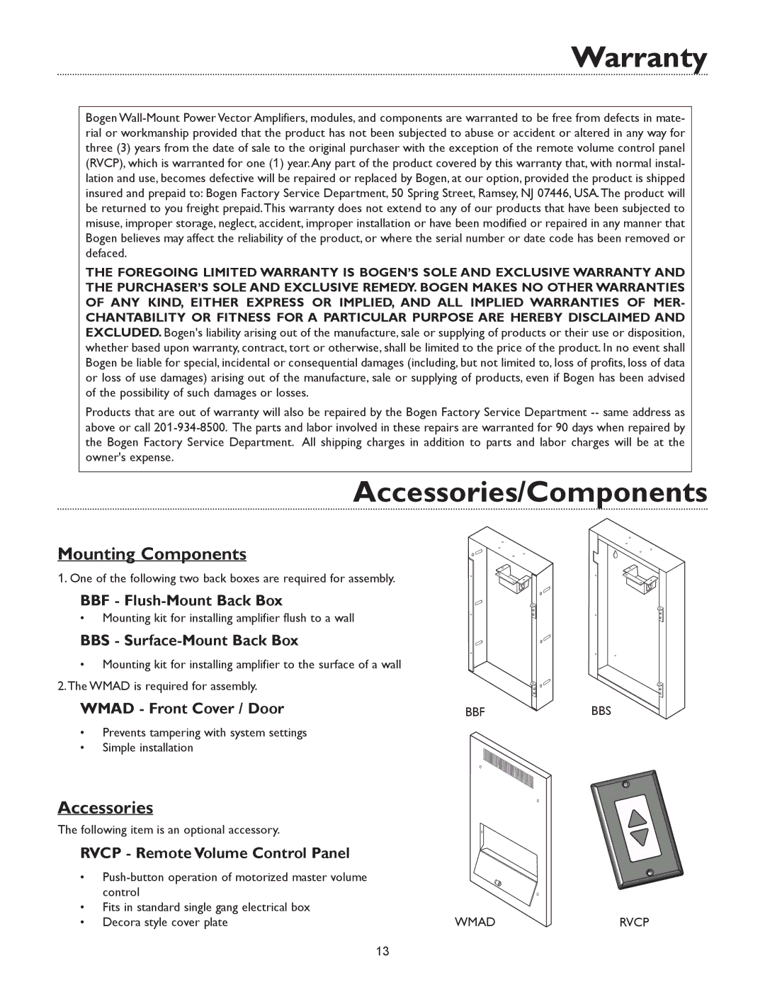 Bogen & WV250, WV100 specifications Warranty, Accessories/Components 