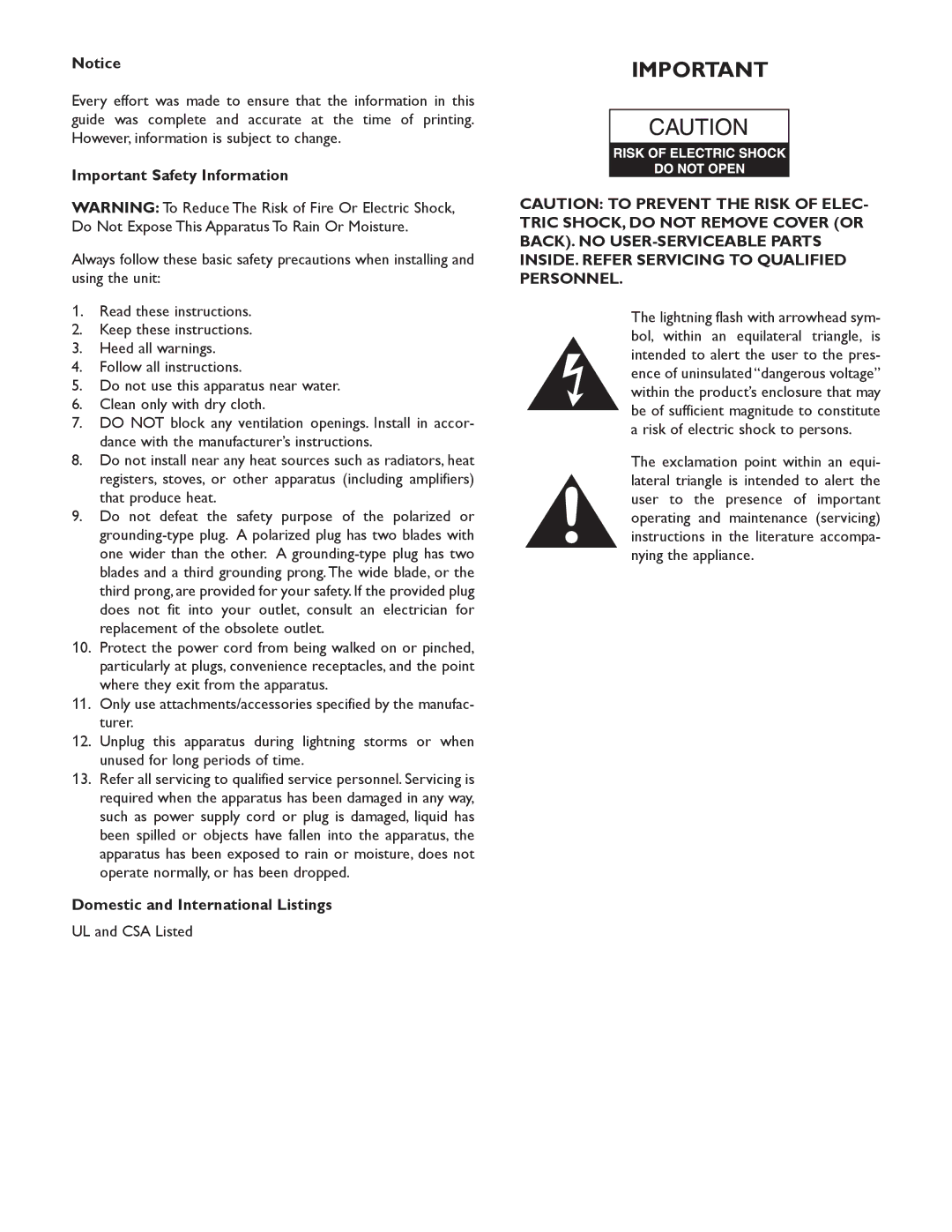 Bogen WV100, & WV250 specifications Important Safety Information, Domestic and International Listings 