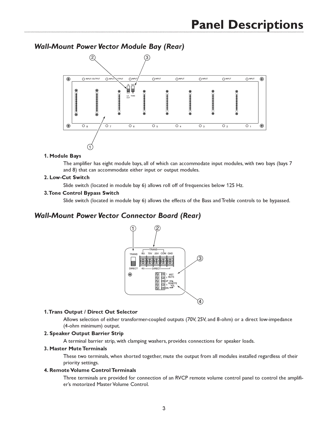 Bogen & WV250, WV100 specifications Wall-Mount Power Vector Module Bay Rear, Wall-Mount Power Vector Connector Board Rear 