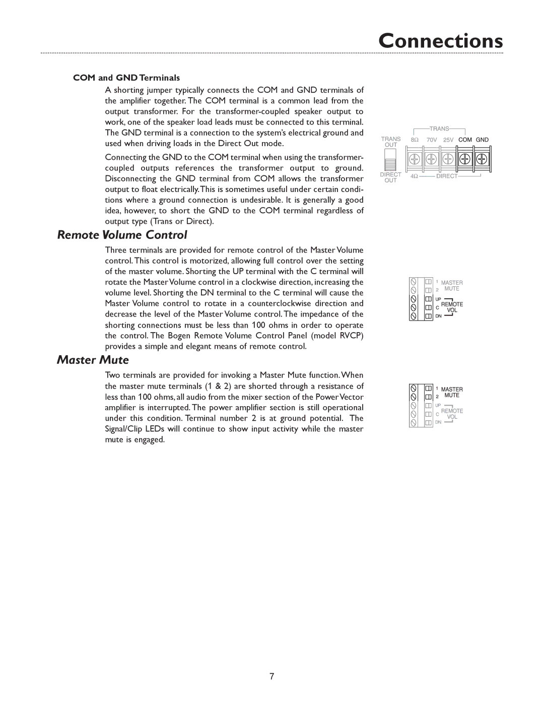 Bogen & WV250, WV100 specifications Remote Volume Control, Master Mute, COM and GND Terminals 