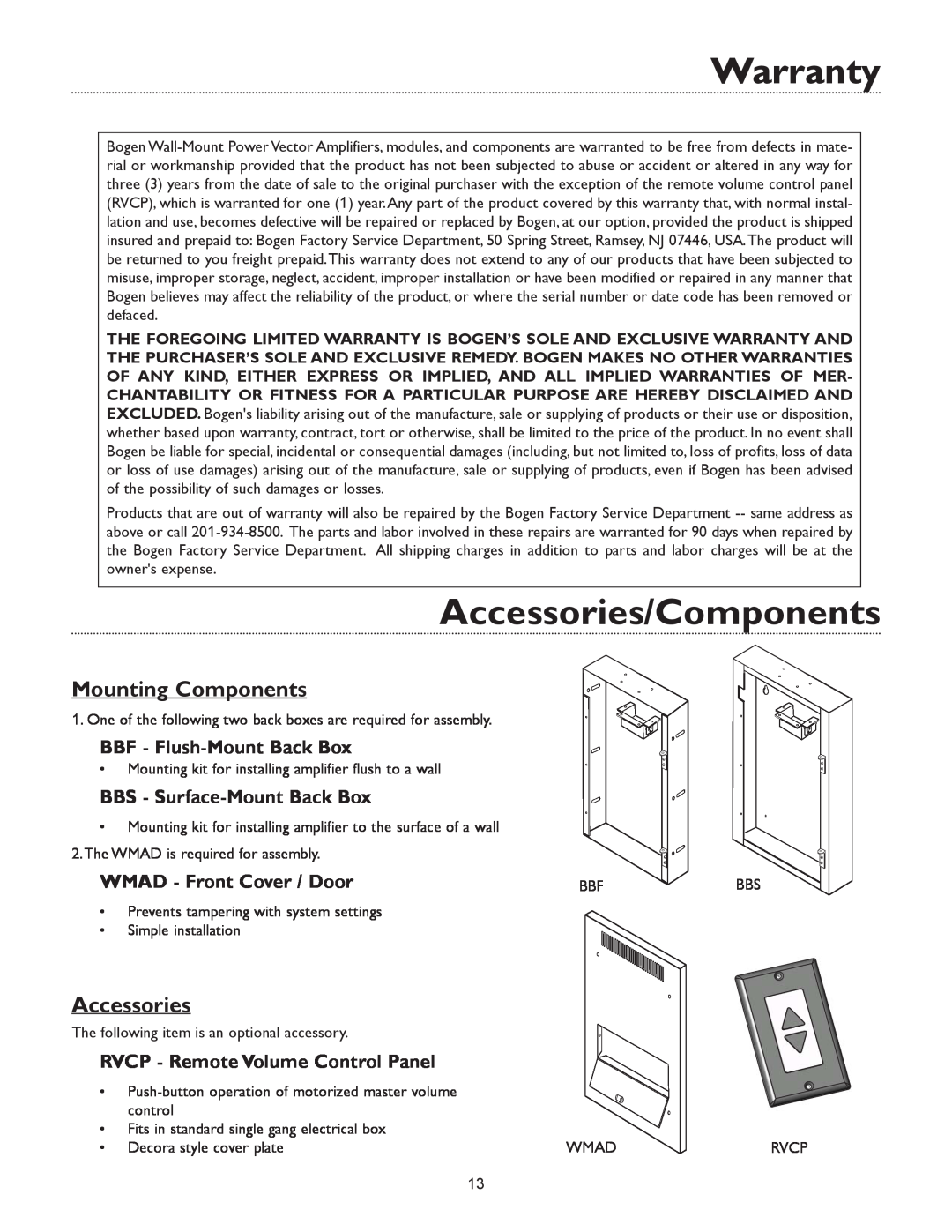 Bogen & WV250 Warranty, Accessories/Components, Mounting Components, BBF - Flush-MountBack Box, WMAD - Front Cover / Door 