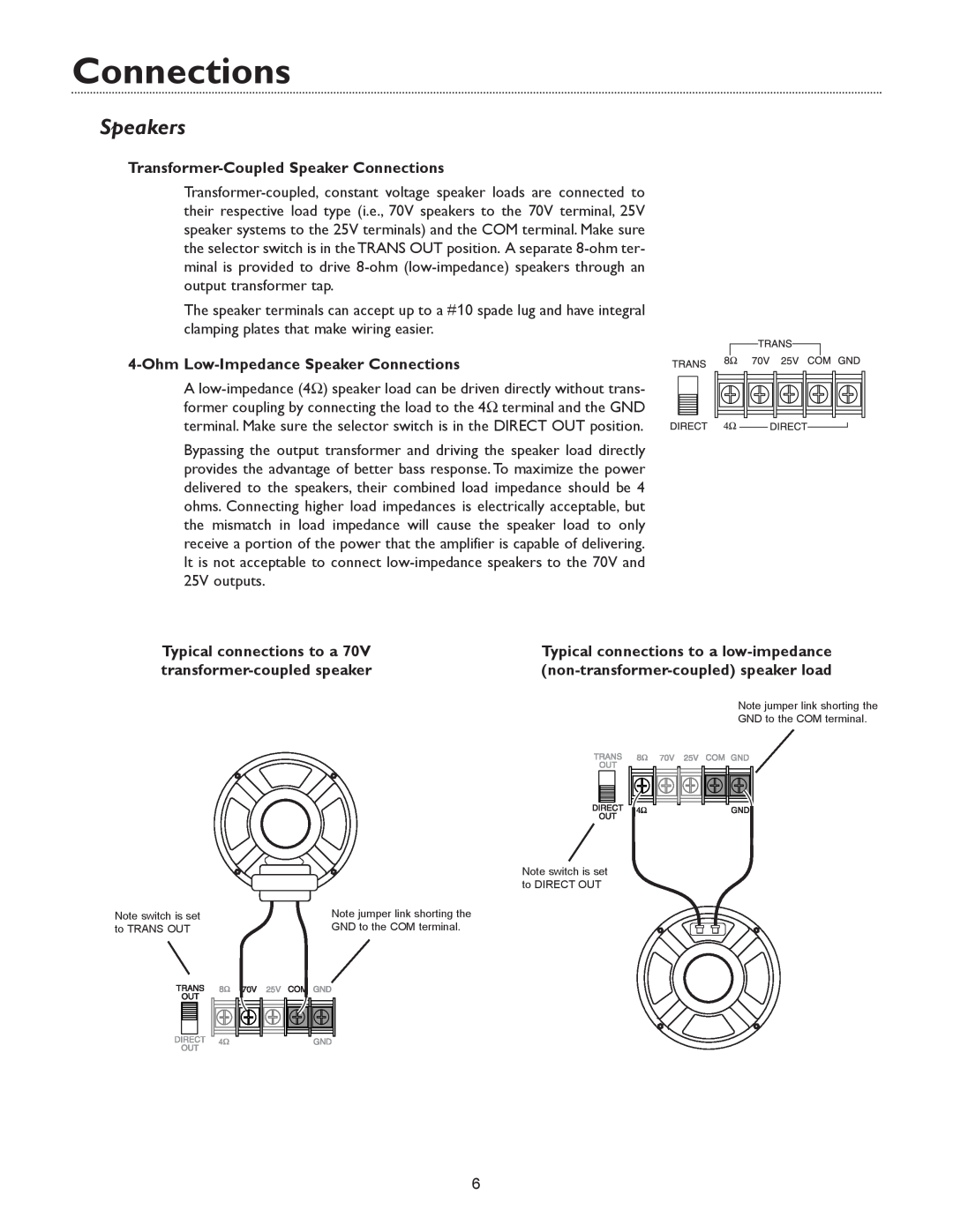 Bogen WV100, & WV250 Speakers, Transformer-CoupledSpeaker Connections, Ohm Low-ImpedanceSpeaker Connections 