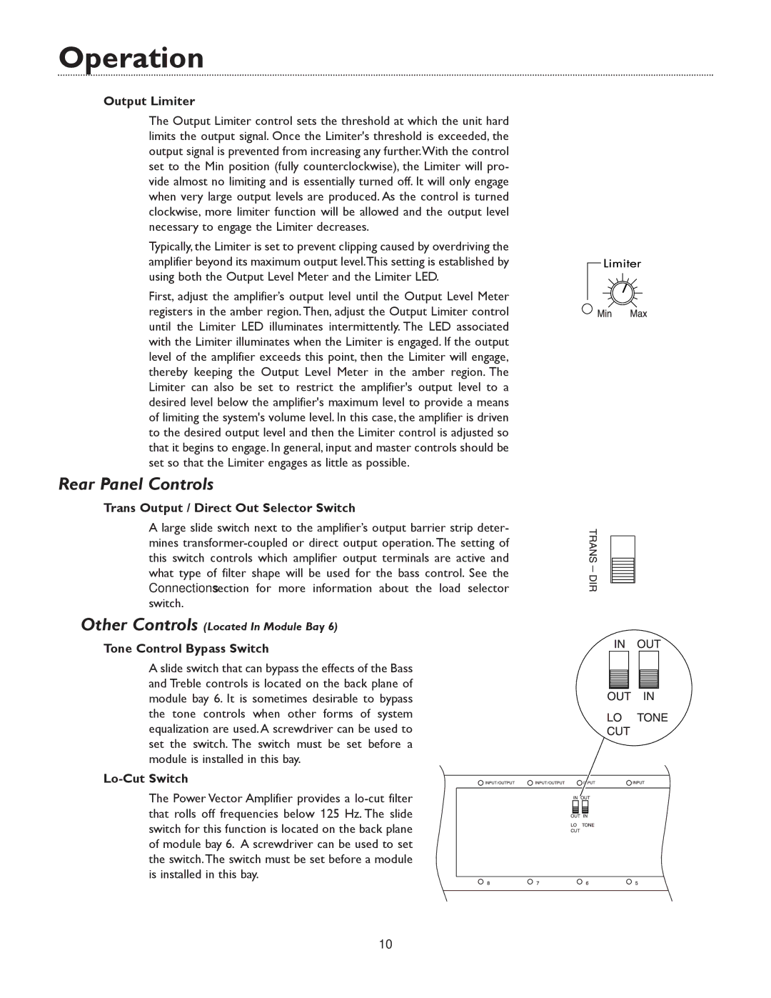 Bogen WV250 Manual, WV150, BOGEN WV100 Rear Panel Controls, Output Limiter, Trans Output / Direct Out Selector Switch 