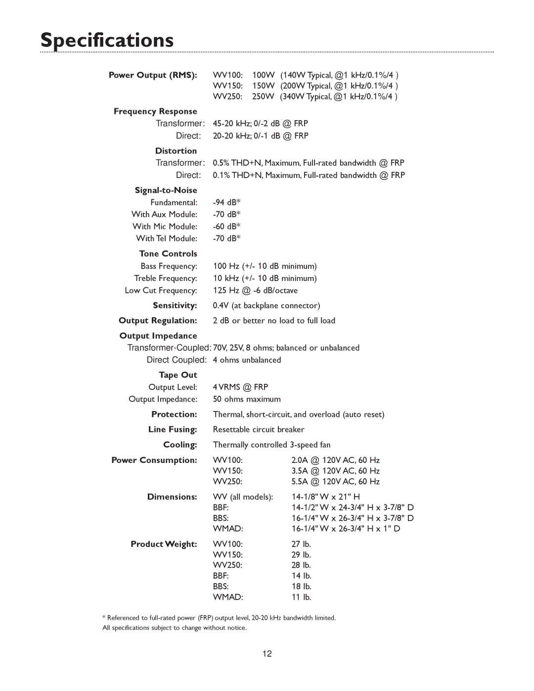 Bogen BOGEN WV100, WV250 Manual, WV150 specifications Specifications 