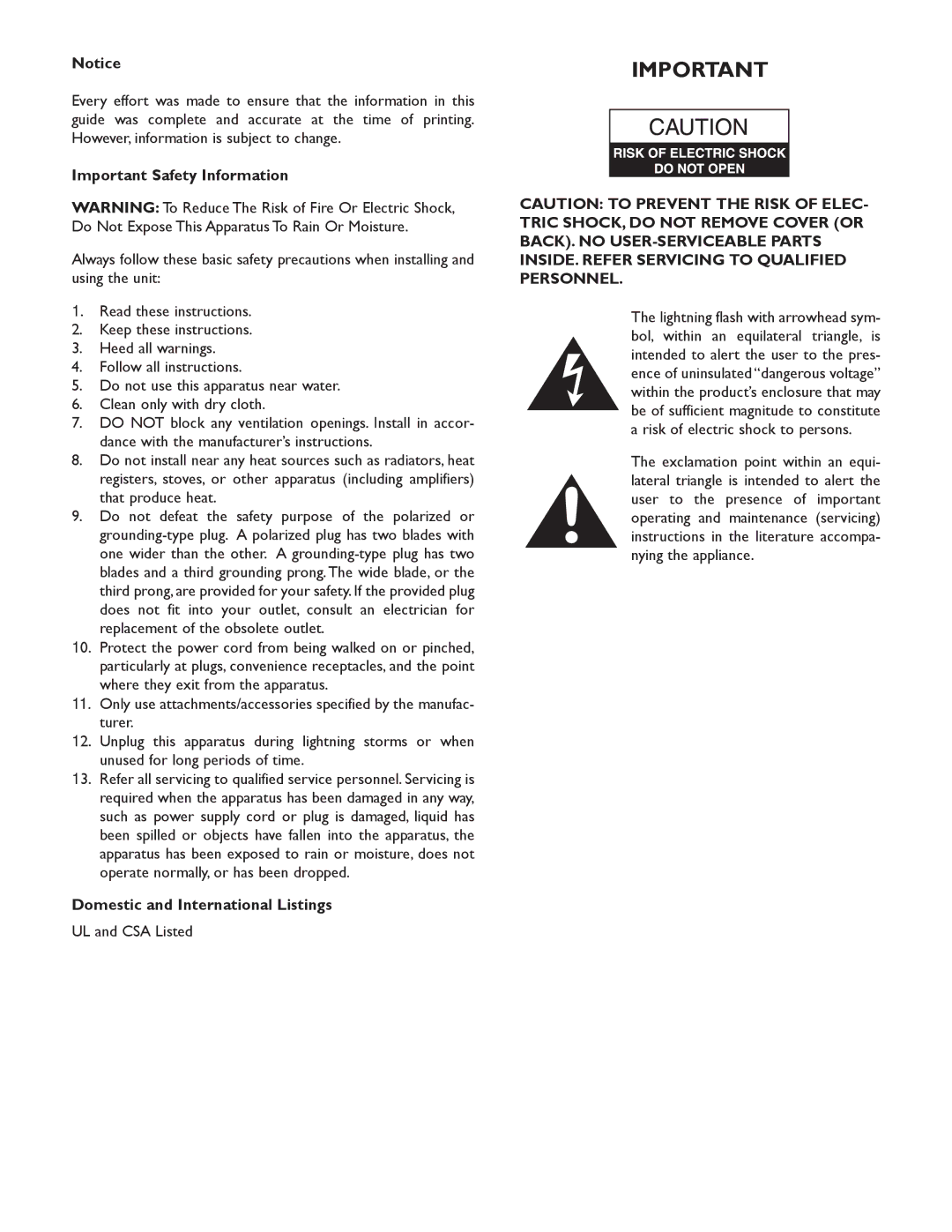 Bogen BOGEN WV100, WV250 Manual, WV150 specifications Important Safety Information, Domestic and International Listings 