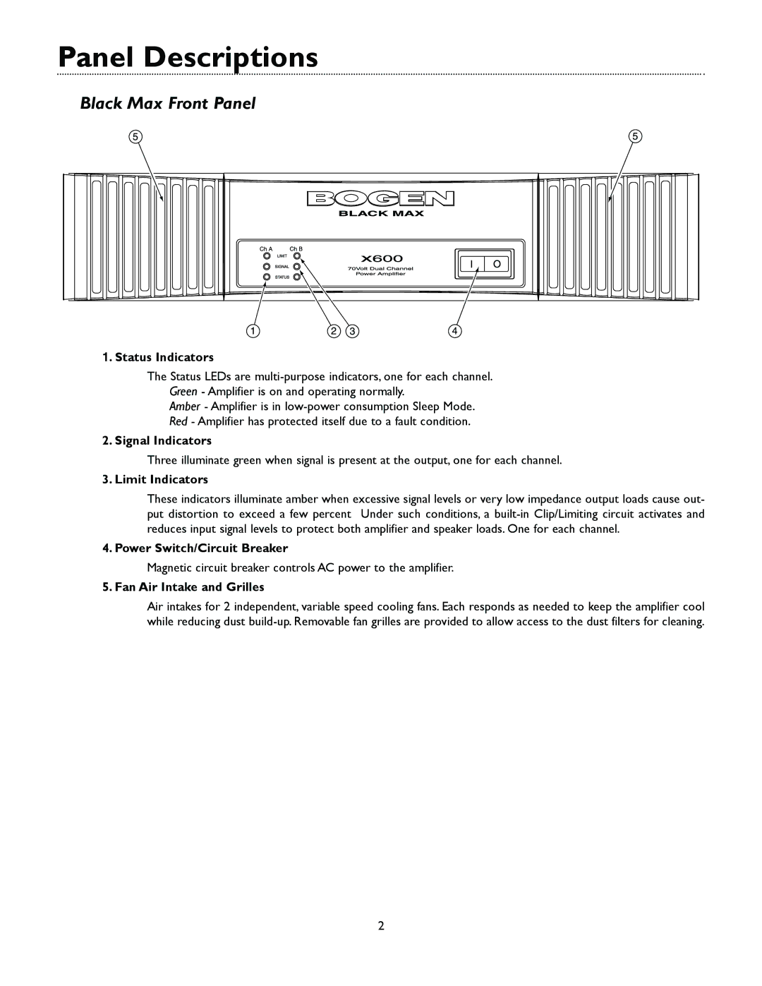 Bogen X300, X600, X450 manual Panel Descriptions, Black Max Front Panel 