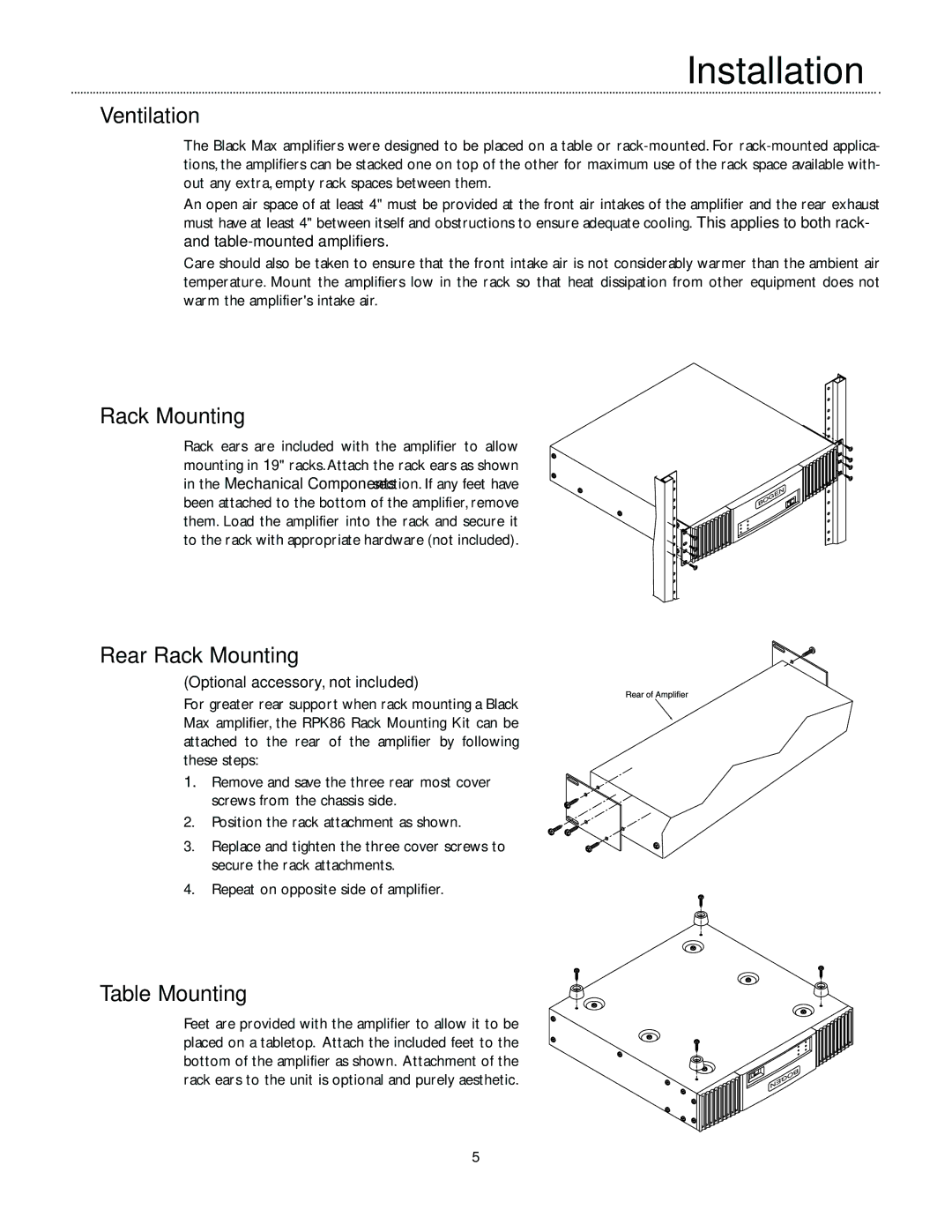 Bogen X300, X600, X450 manual Ventilation, Rear Rack Mounting, Table Mounting 