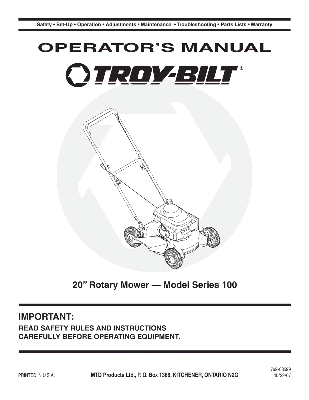 Bolens 100 warranty OPERATOR’S Manual, Rotary Mower Model Series 