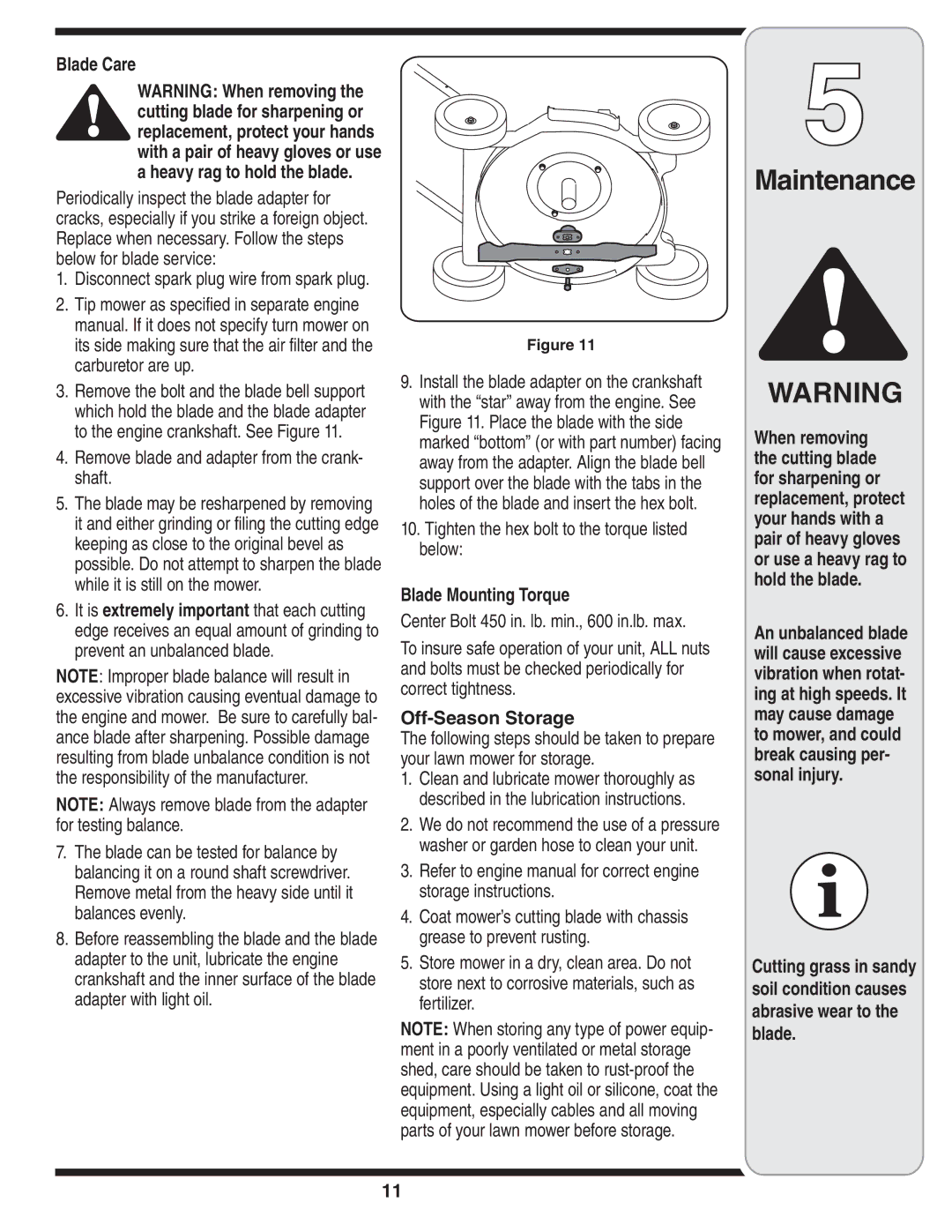 Bolens 100 Blade Care, Remove blade and adapter from the crank- shaft, Tighten the hex bolt to the torque listed below 