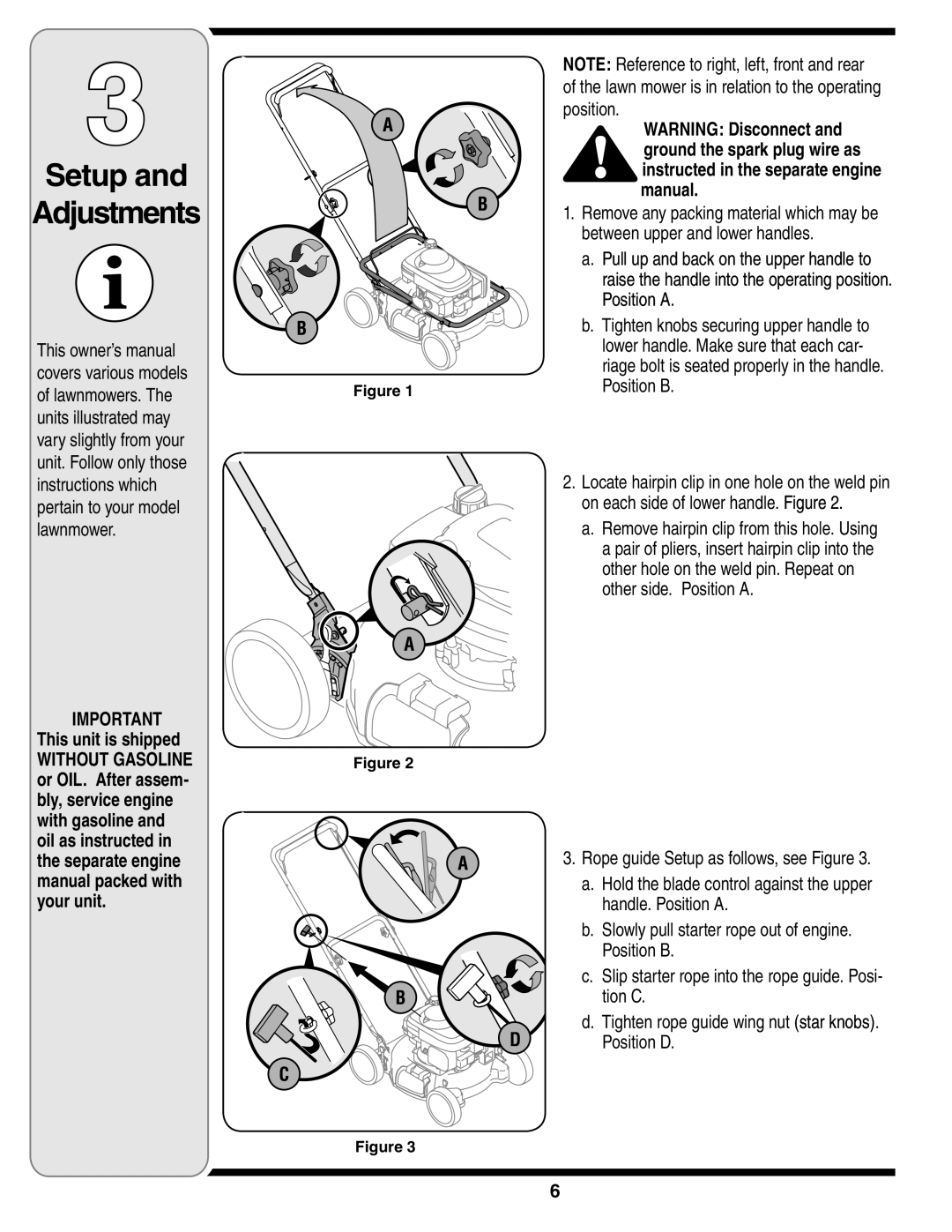 Bolens 100 warranty Setup Adjustments, This unit is shipped, Manual 