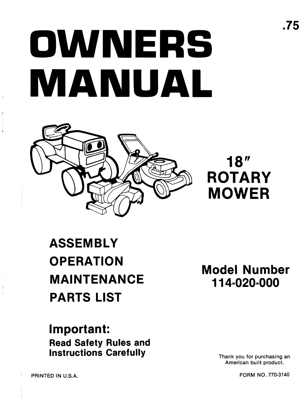 Bolens 114-020-000 manual 