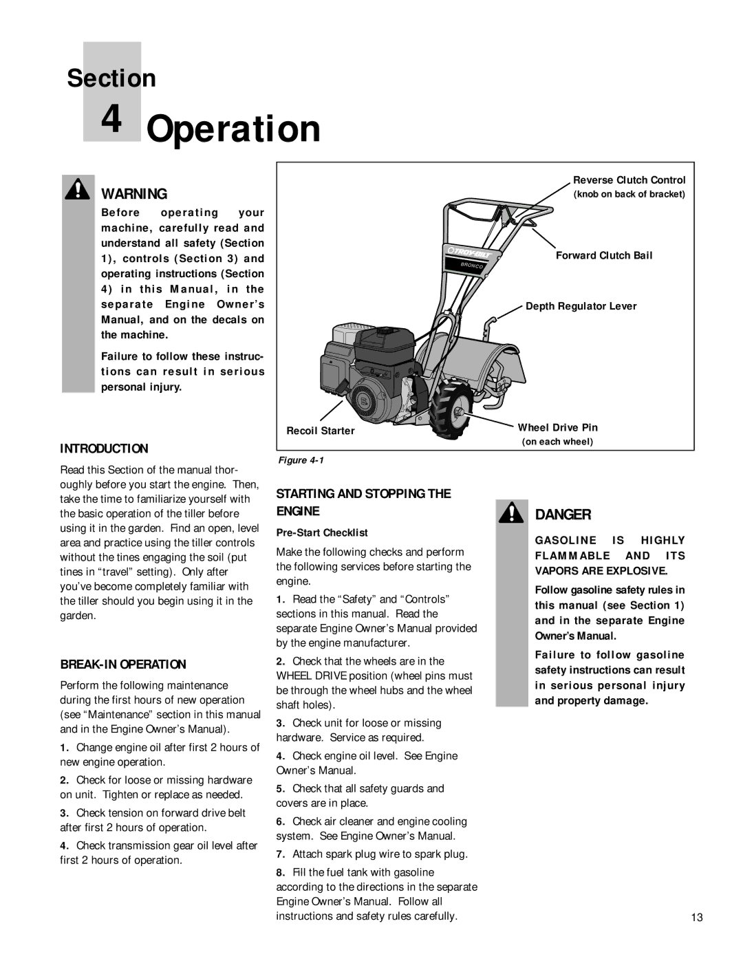 Bolens 12180 owner manual Introduction, BREAK-IN Operation, Starting and Stopping the Engine 