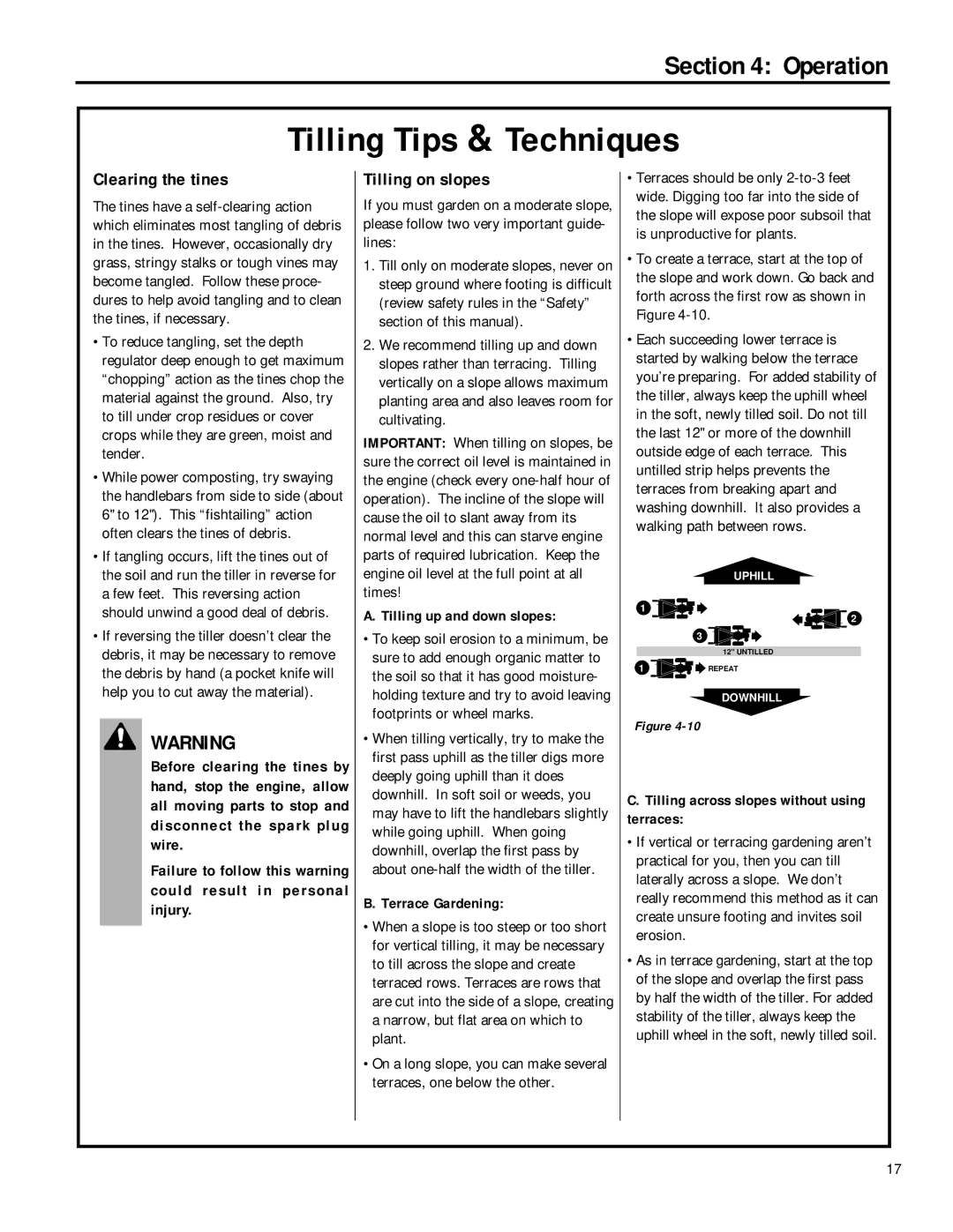 Bolens 12180 owner manual Clearing the tines, Tilling on slopes, Tilling up and down slopes, Terrace Gardening 