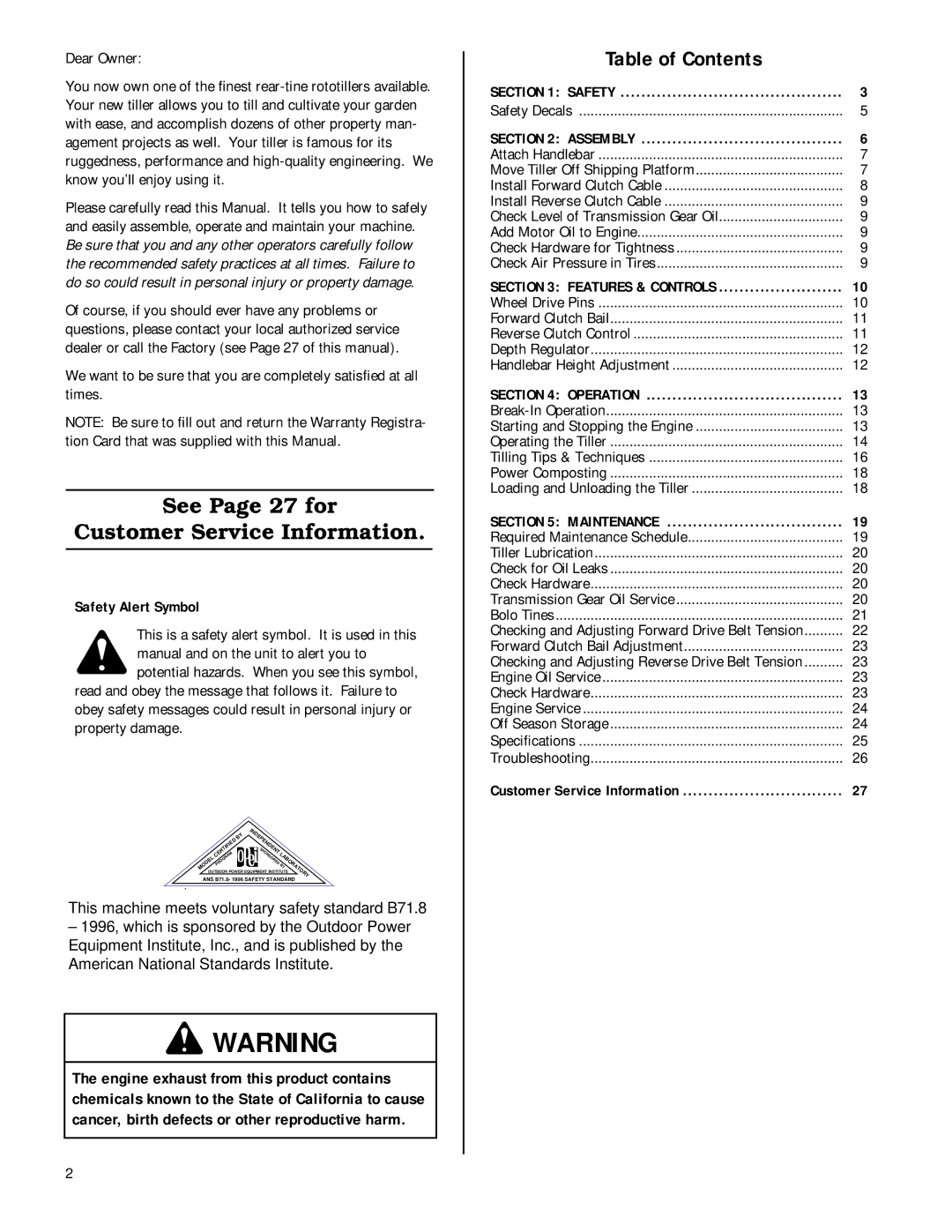 Bolens 12180 owner manual Table of Contents 