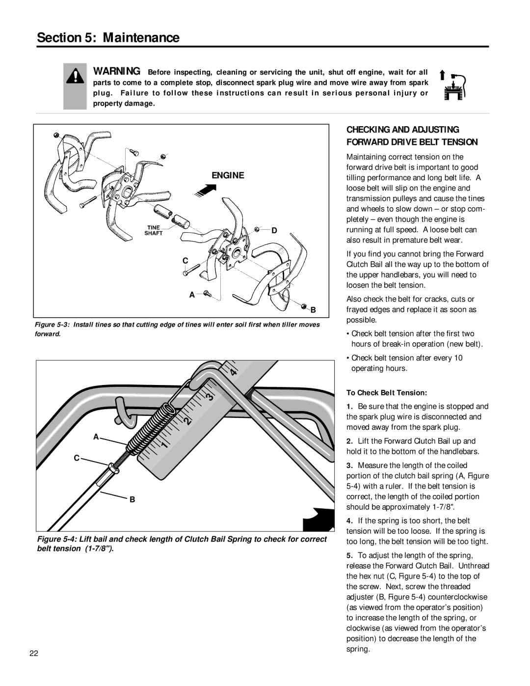 Bolens 12180 owner manual Engine, Check belt tension after every 10 operating hours, To Check Belt Tension 