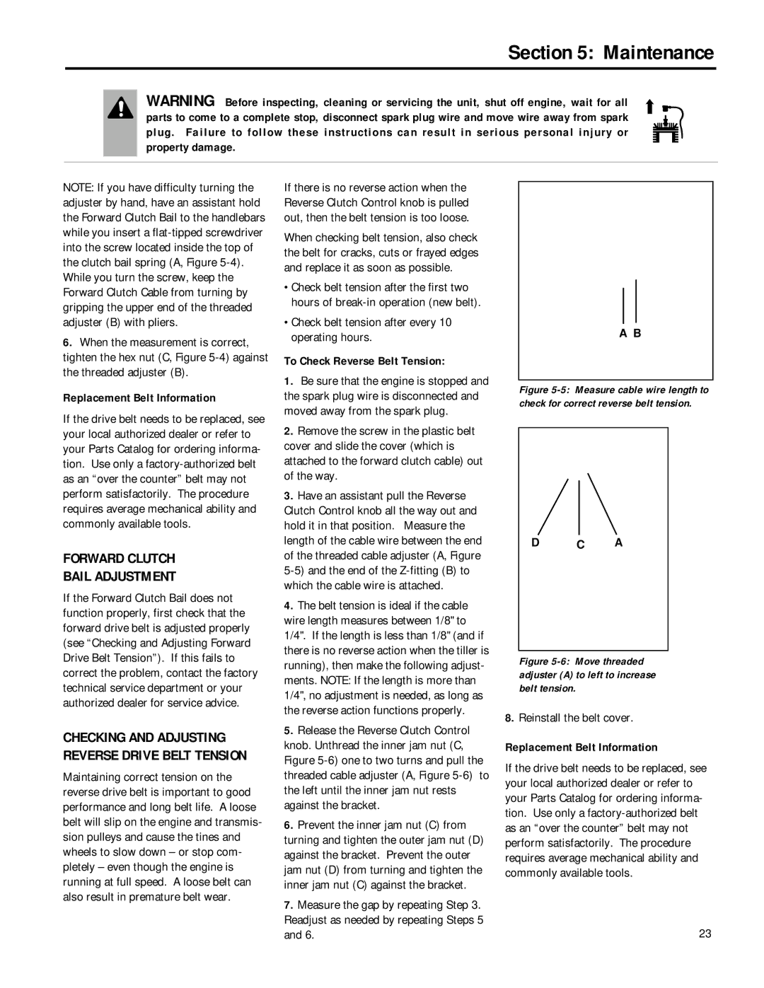 Bolens 12180 owner manual Forward Clutch Bail Adjustment, Replacement Belt Information, To Check Reverse Belt Tension 