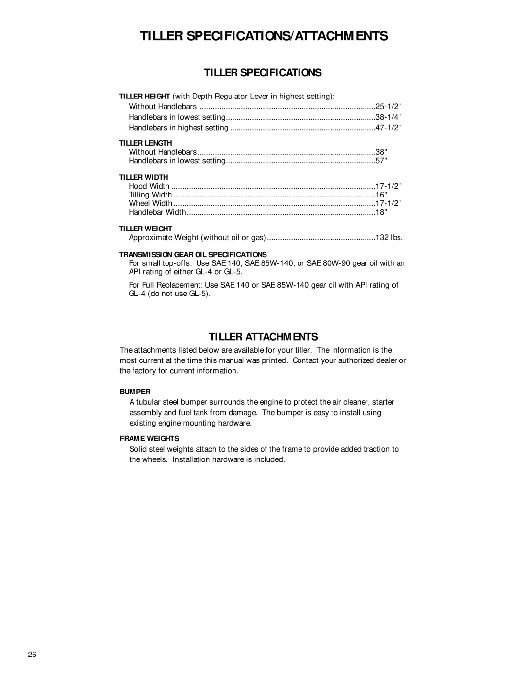 Bolens 12180 Tiller Length, Tiller Width, Tiller Weight, Transmission Gear OIL Specifications, Bumper, Frame Weights 