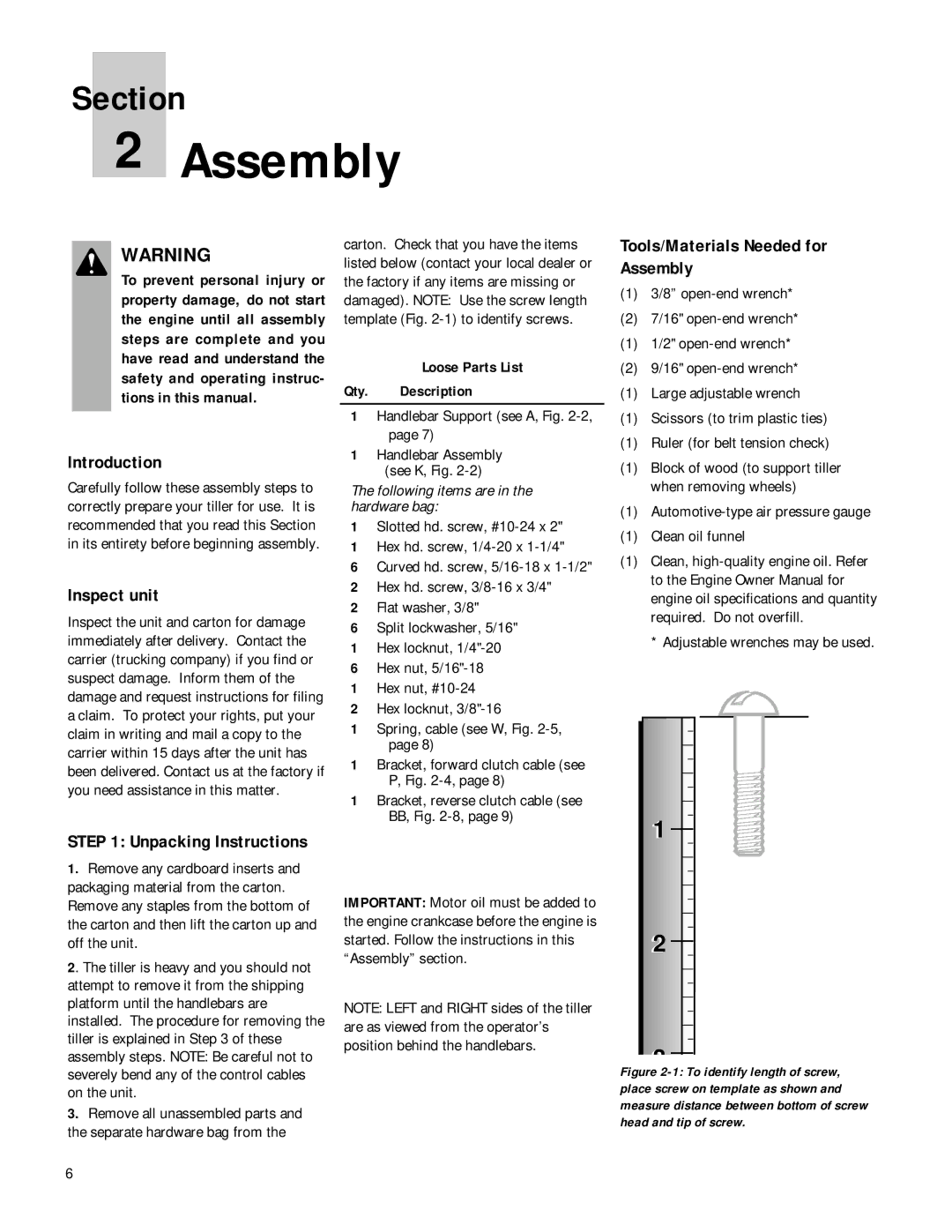 Bolens 12180 Introduction, Inspect unit, Tools/Materials Needed for Assembly, Loose Parts List Qty. Description 