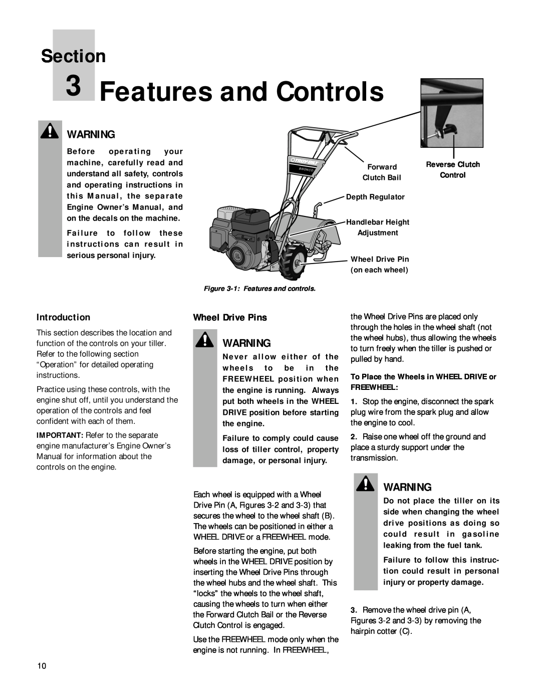Bolens 12180 owner manual Features and Controls, Wheel Drive Pins, Section, Introduction, Forward, Clutch Bail, Adjustment 