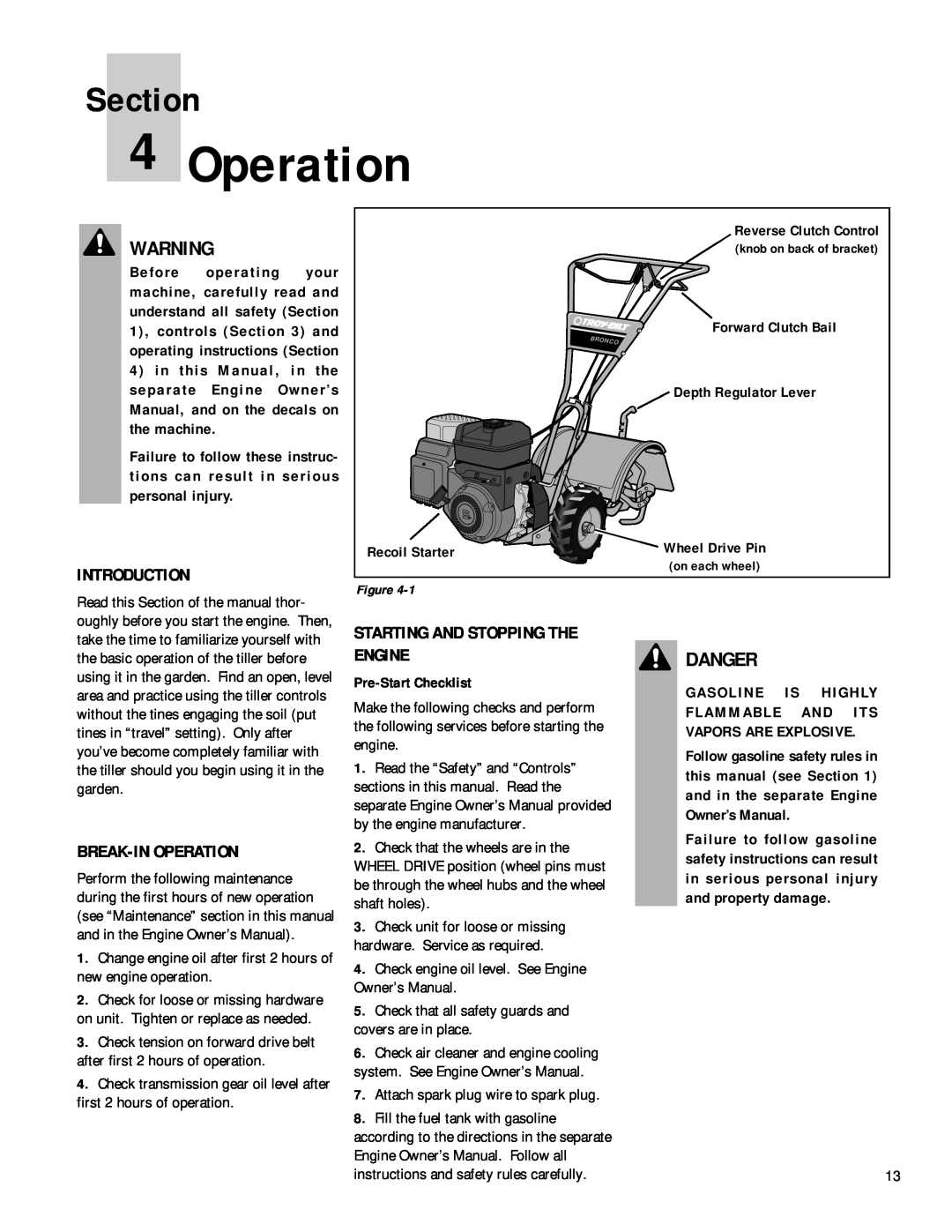 Bolens 12180 Danger, Introduction, Break-In Operation, Starting And Stopping The Engine, Section, Recoil Starter 
