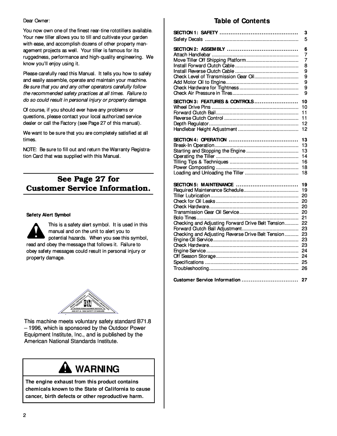 Bolens 12180 owner manual Table of Contents, See Page 27 for Customer Service Information, Safety Alert Symbol, Assembly 