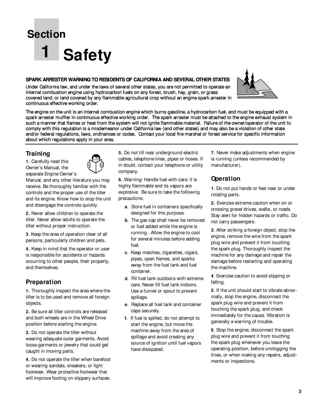 Bolens 12180 owner manual Safety, Section, Training, Preparation, Operation 