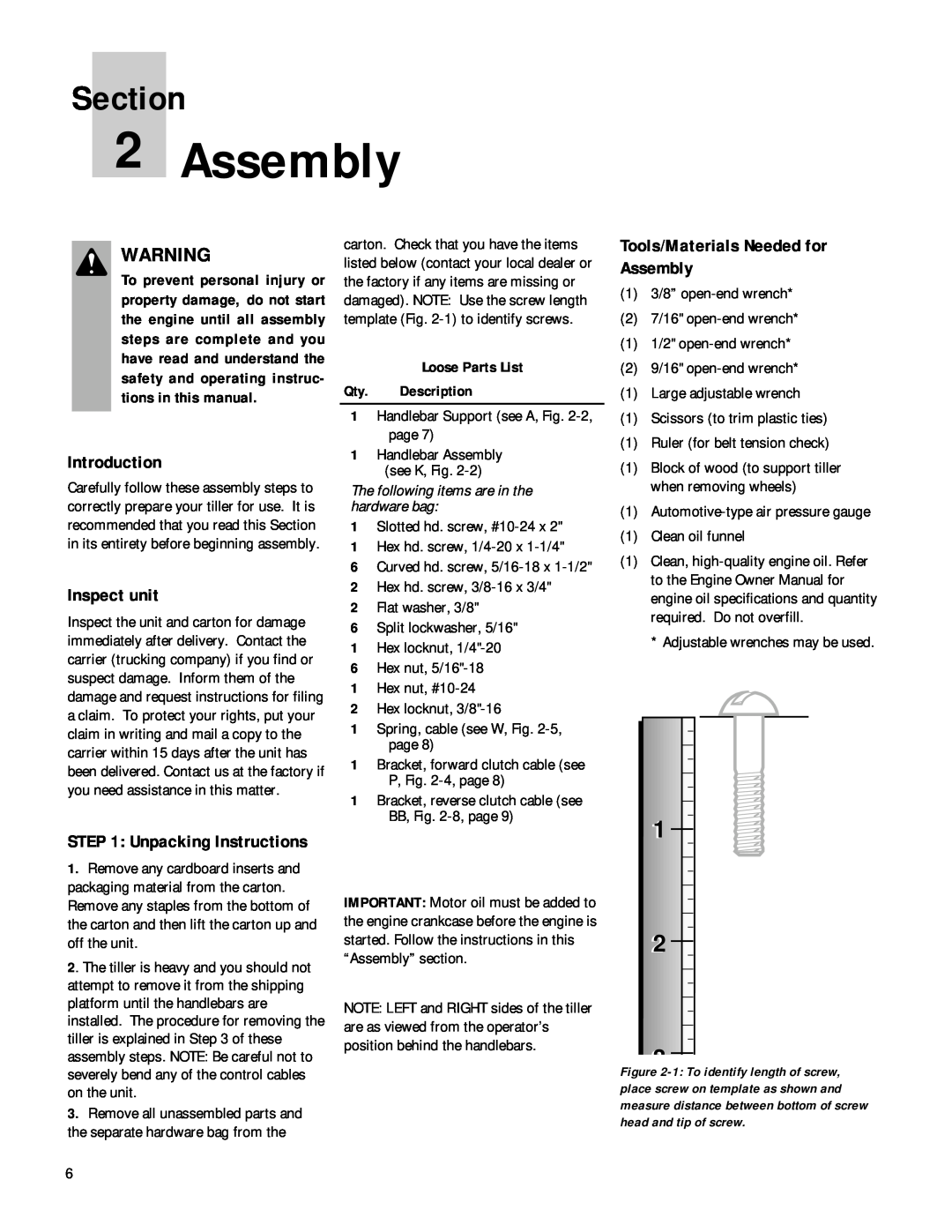 Bolens 12180 Introduction, Inspect unit, Tools/Materials Needed for Assembly, Unpacking Instructions, Section 