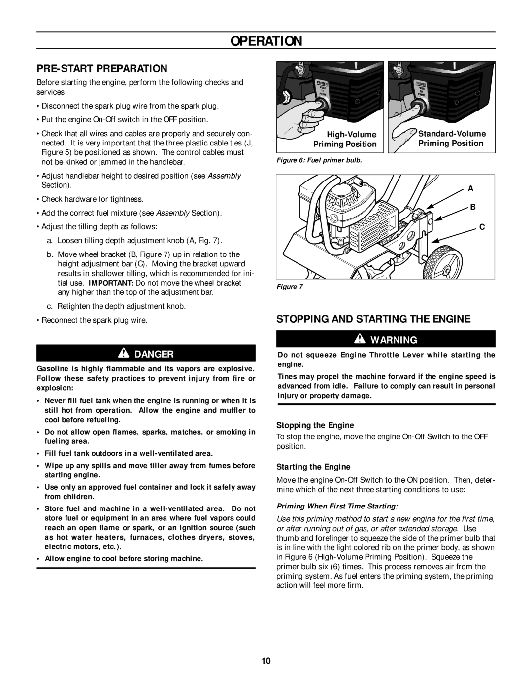 Bolens 12207 owner manual PRE-START Preparation, Stopping and Starting the Engine, High-Volume, Stopping the Engine 