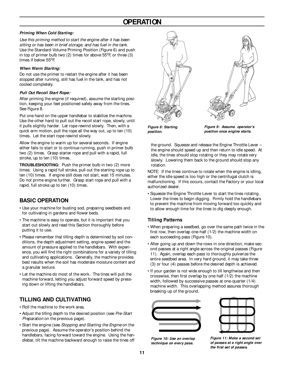 Bolens 12207 owner manual Basic Operation, Tilling and Cultivating, Tilling Patterns 