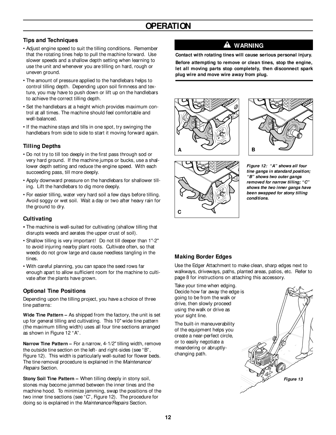 Bolens 12207 owner manual Tips and Techniques, Tilling Depths, Cultivating, Optional Tine Positions, Making Border Edges 