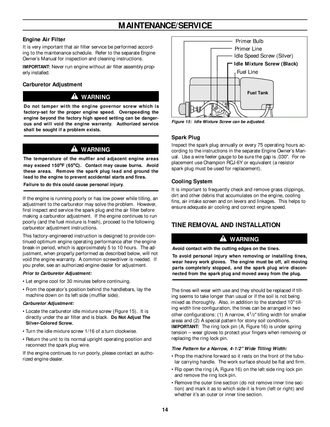 Bolens 12207 Tine Removal and Installation, Engine Air Filter, Carburetor Adjustment, Spark Plug, Cooling System 