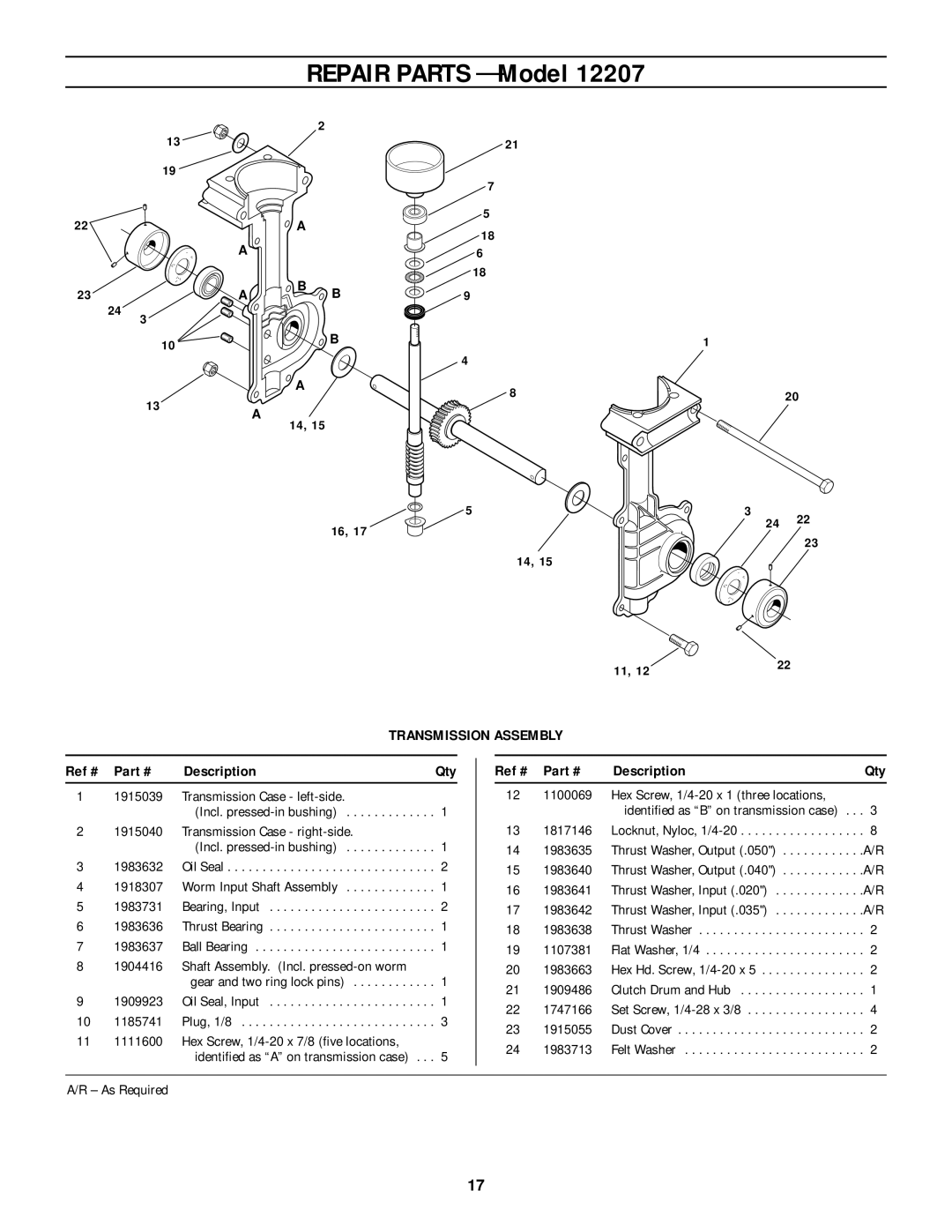 Bolens 12207 owner manual Transmission Assembly, Ref # Description 