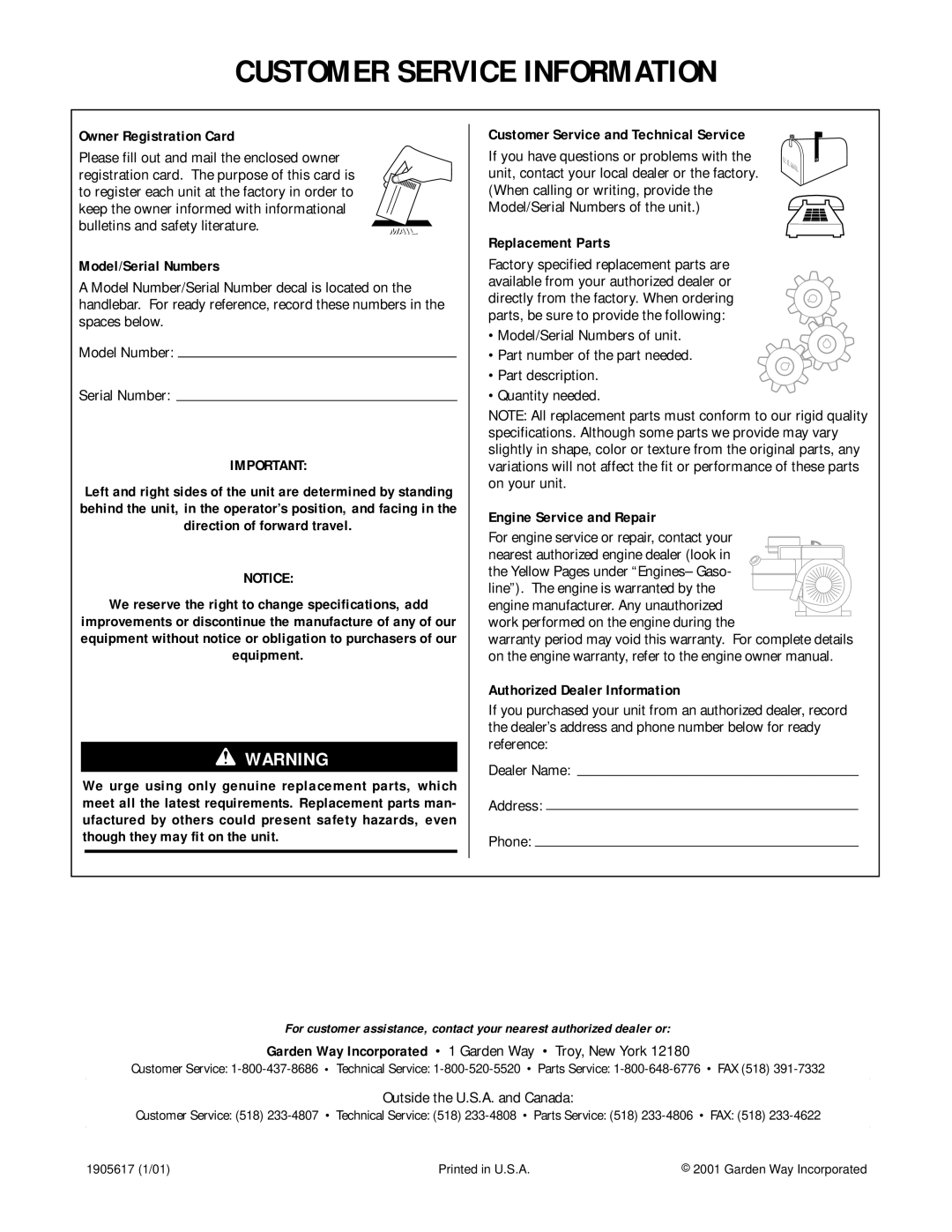 Bolens 12207 Owner Registration Card, Model/Serial Numbers, Customer Service and Technical Service, Replacement Parts 