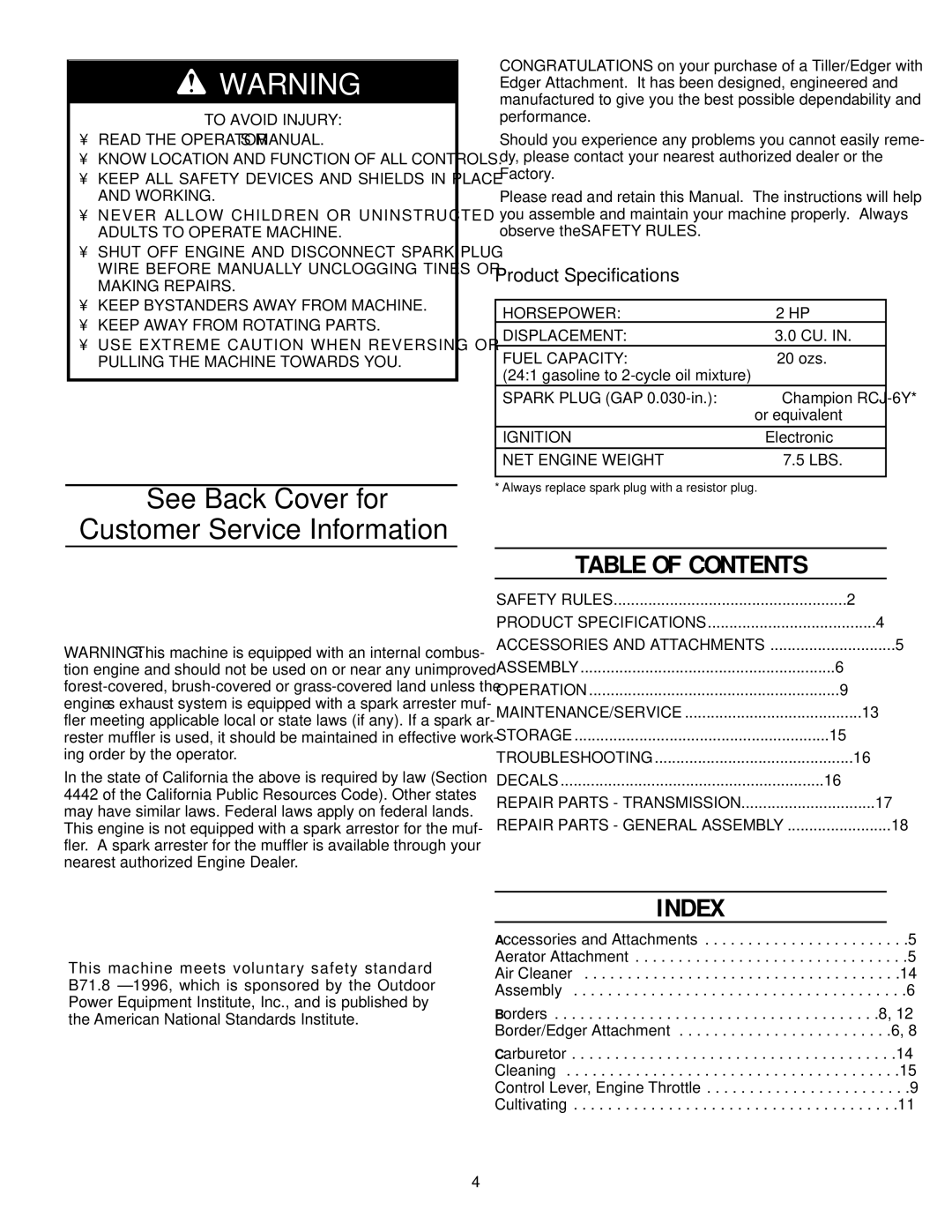 Bolens 12207 owner manual See Back Cover for Customer Service Information, Index 