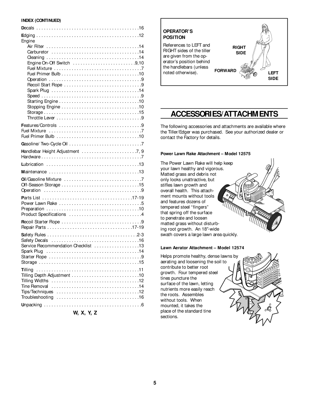 Bolens 12207 owner manual Accessories/Attachments, Y, Z, Index, Right Side Forward 