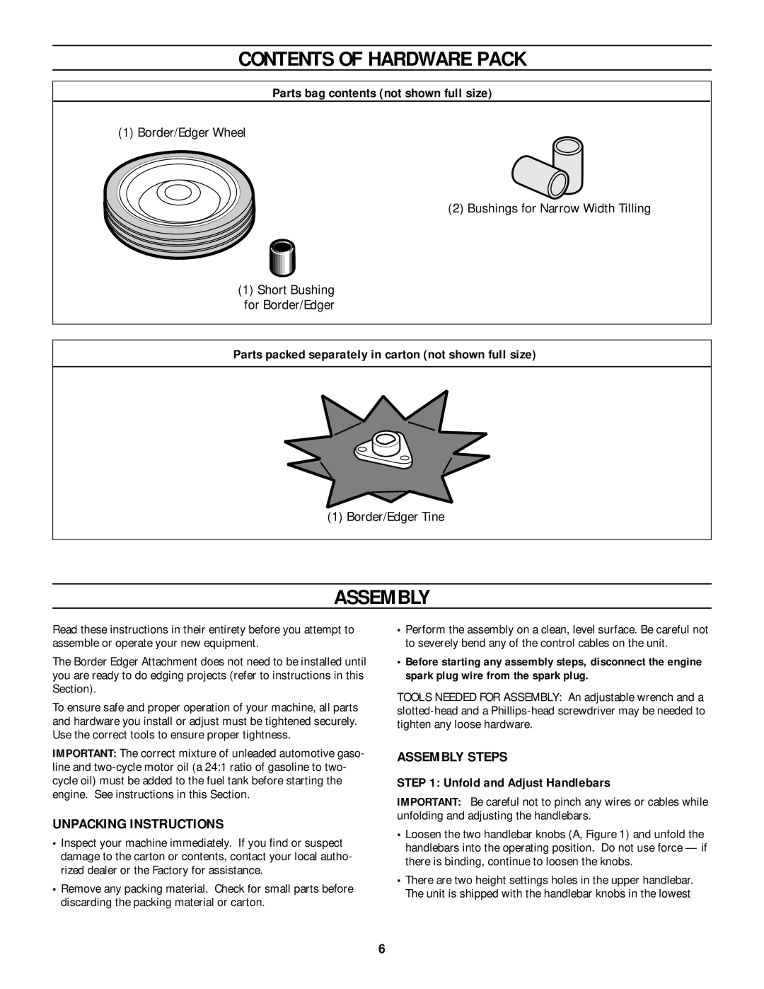 Bolens 12207 owner manual Contents of Hardware Pack, Assembly 