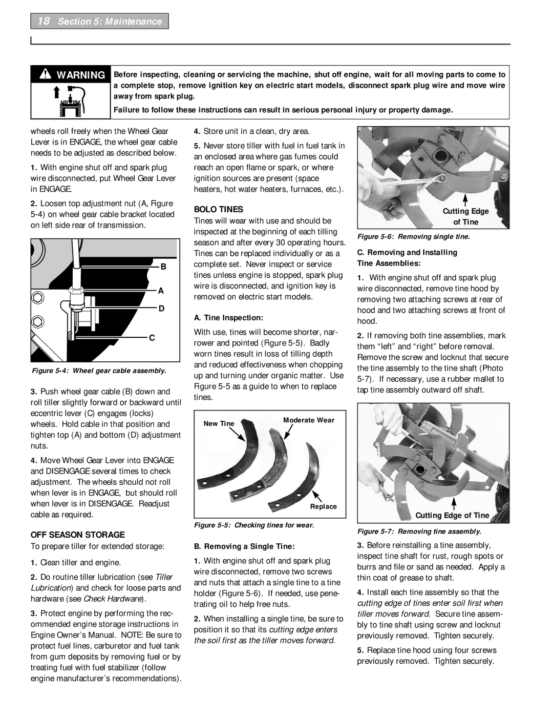 Bolens 12226 owner manual OFF Season Storage, Bolo Tines 