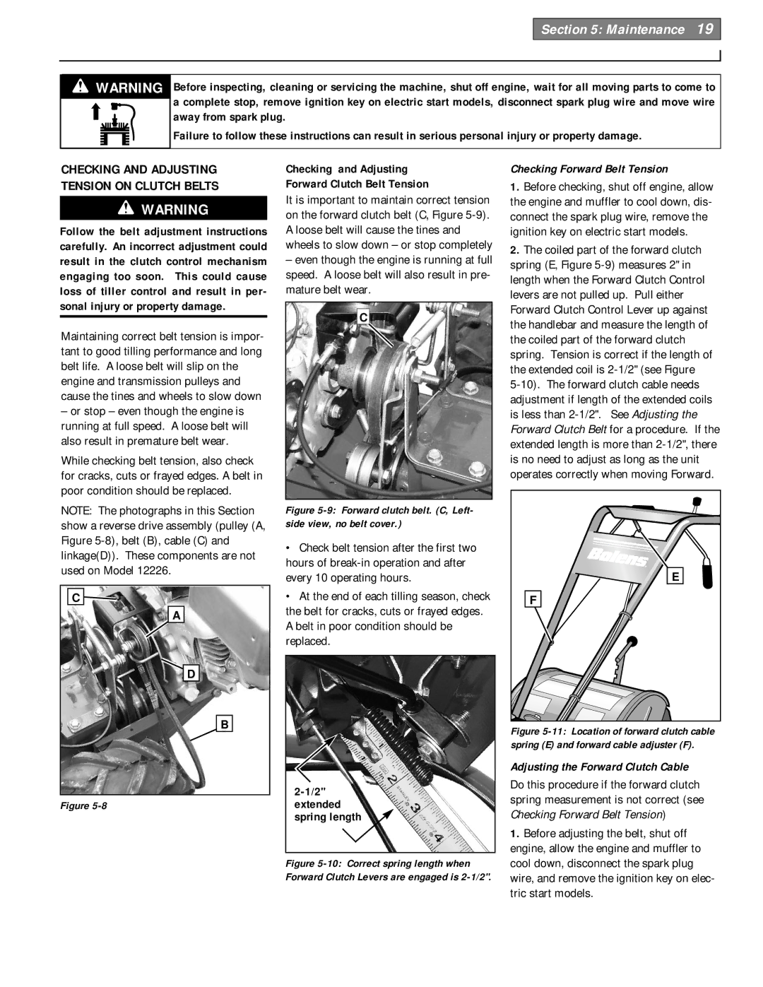 Bolens 12226 Checking and Adjusting Forward Clutch Belt Tension, Checking and Adjusting Tension on Clutch Belts 